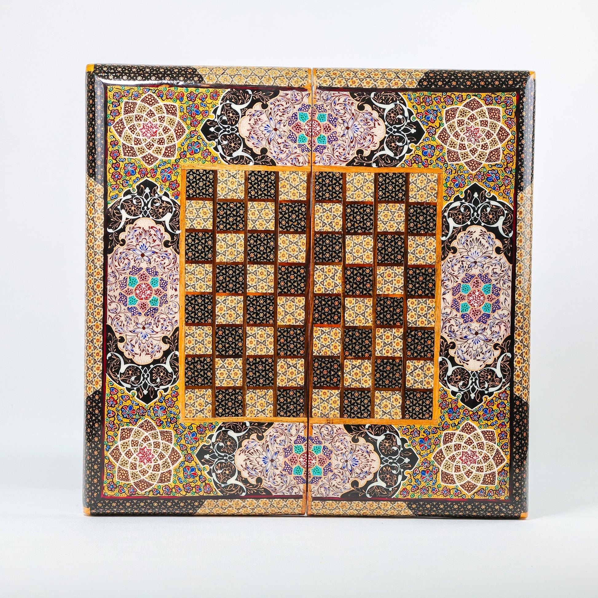 Backgammon & Chess Board - Size 50 - Premium Round Edge - Mother - of - Pearl with Tazhib Lid - 16 - Meraas Gallery