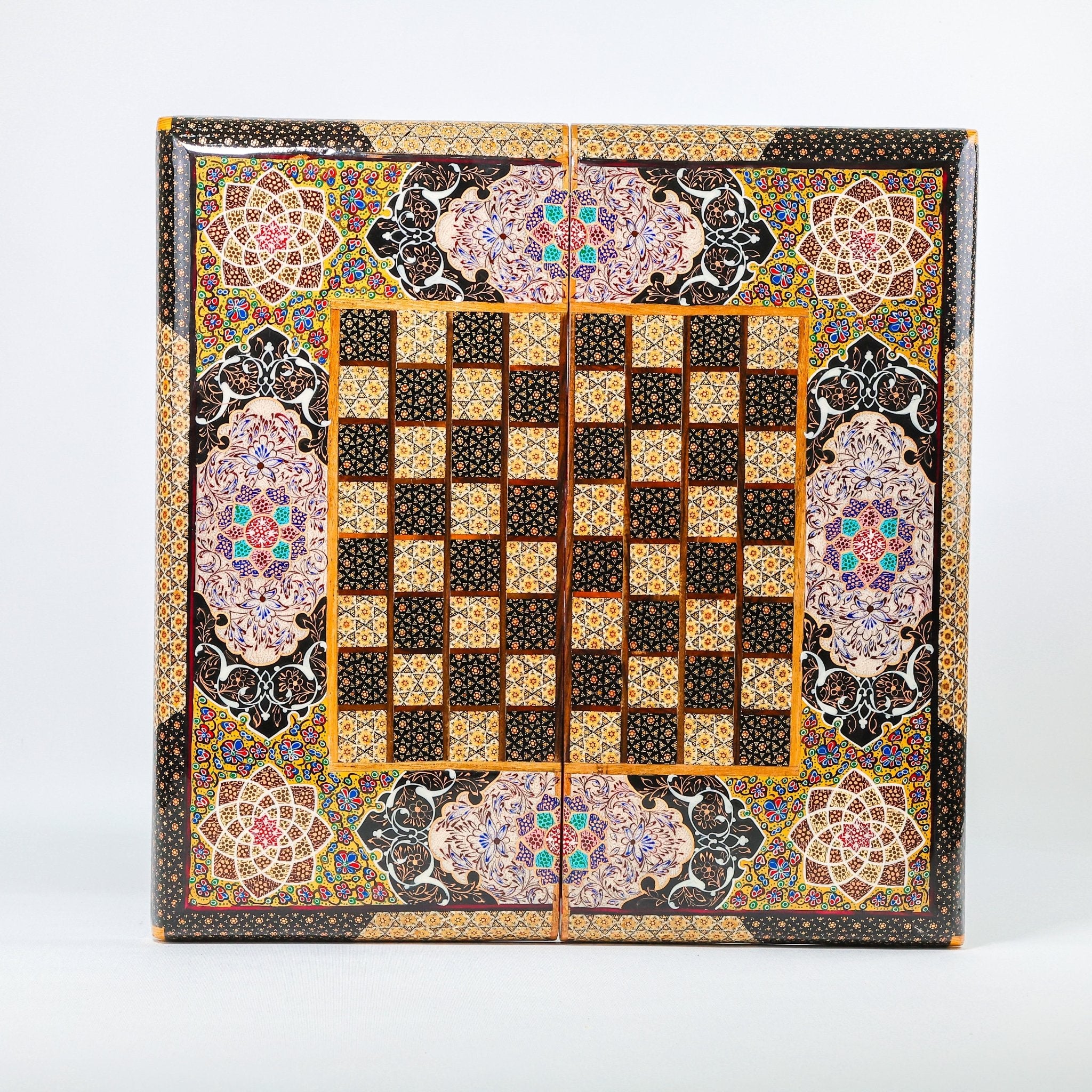 Backgammon & Chess Board - Size 50 - Premium Round Edge - Mother - of - Pearl with Tazhib Lid - 16 - Meraas Gallery