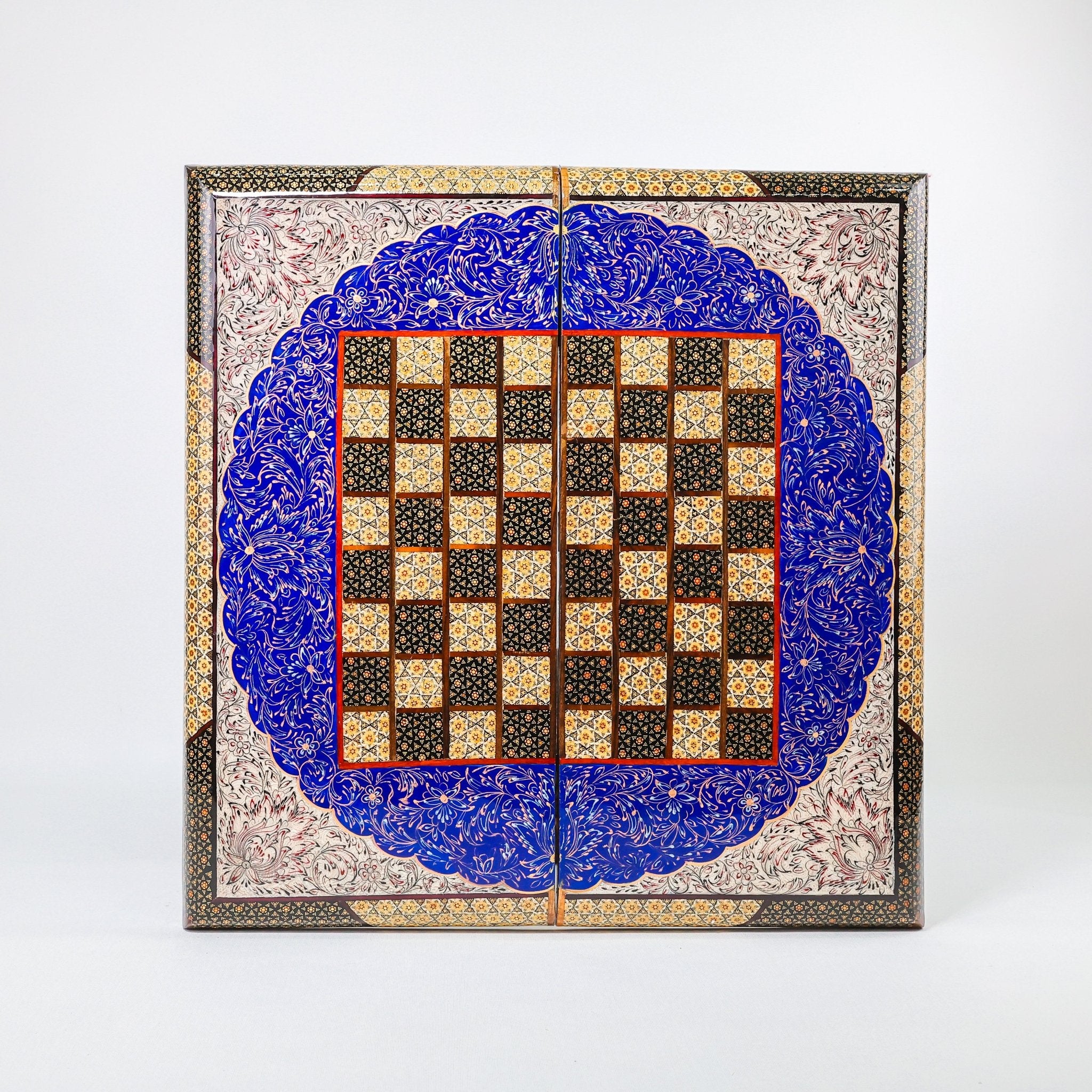 Backgammon & Chess Board - Size 50 - Premium Round Edge - Mother - of - Pearl with Tazhib Lid - 17 - Meraas Gallery