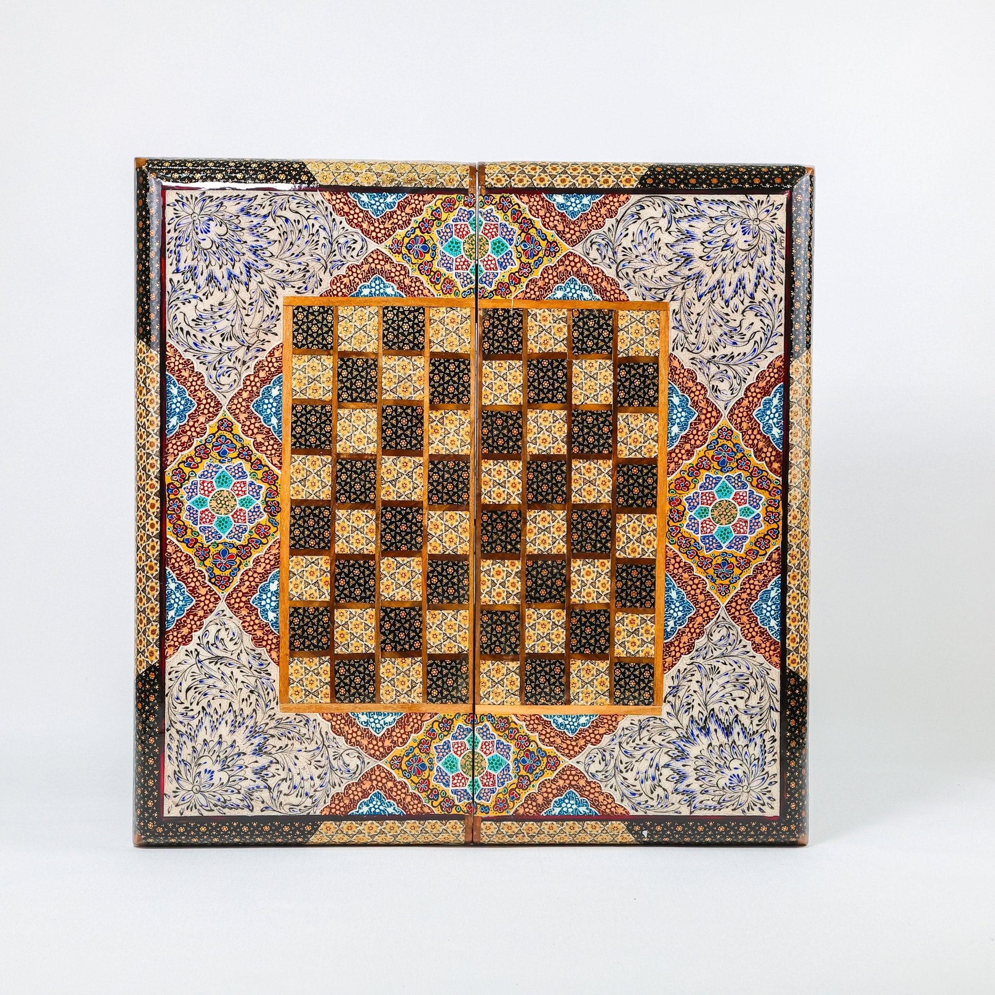Backgammon & Chess Board - Size 50 - Premium Round Edge - Mother - of - Pearl with Tazhib Lid - 28 - Meraas Gallery
