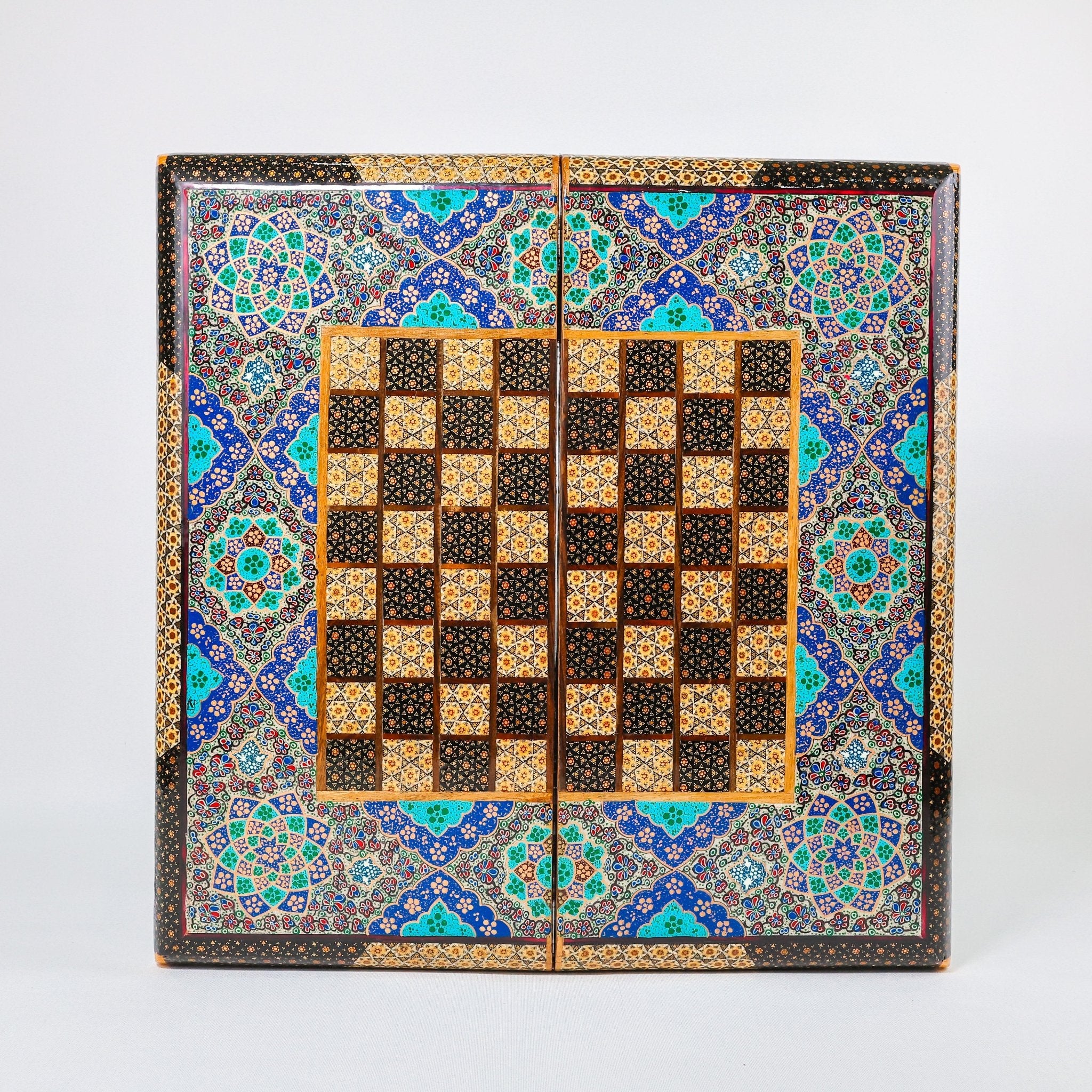 Backgammon & Chess Board - Size 50 - Premium Round Edge - Mother - of - Pearl with Tazhib Lid - 31 - Meraas Gallery