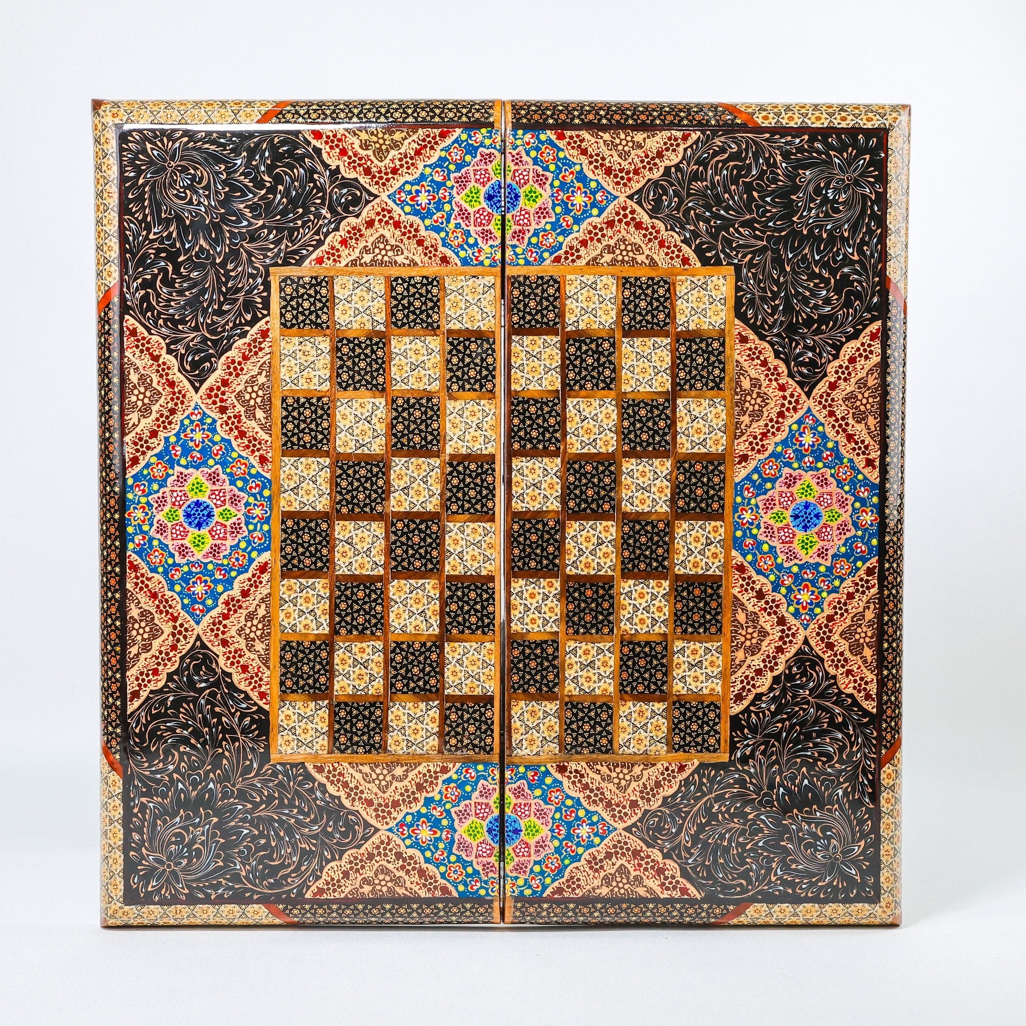 Backgammon & Chess Board - Size 50 - Premium Round Edge - Mother - of - Pearl with Tazhib Lid - 34 - Meraas Gallery