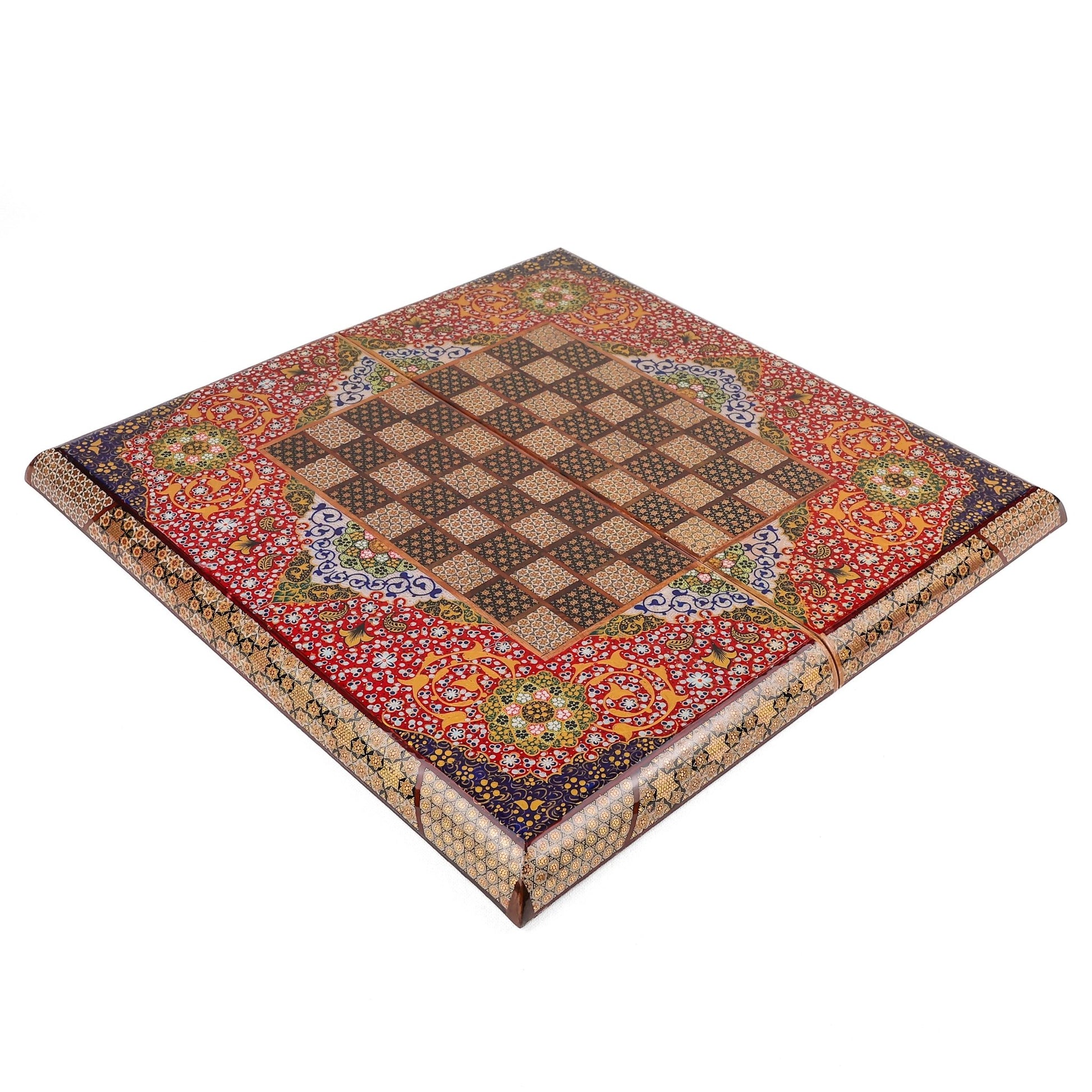 Backgammon & Chess Board - Size 50 - Premium Round Edge - Mother - of - Pearl with Tazhib Lid - 01 - Meraas Gallery