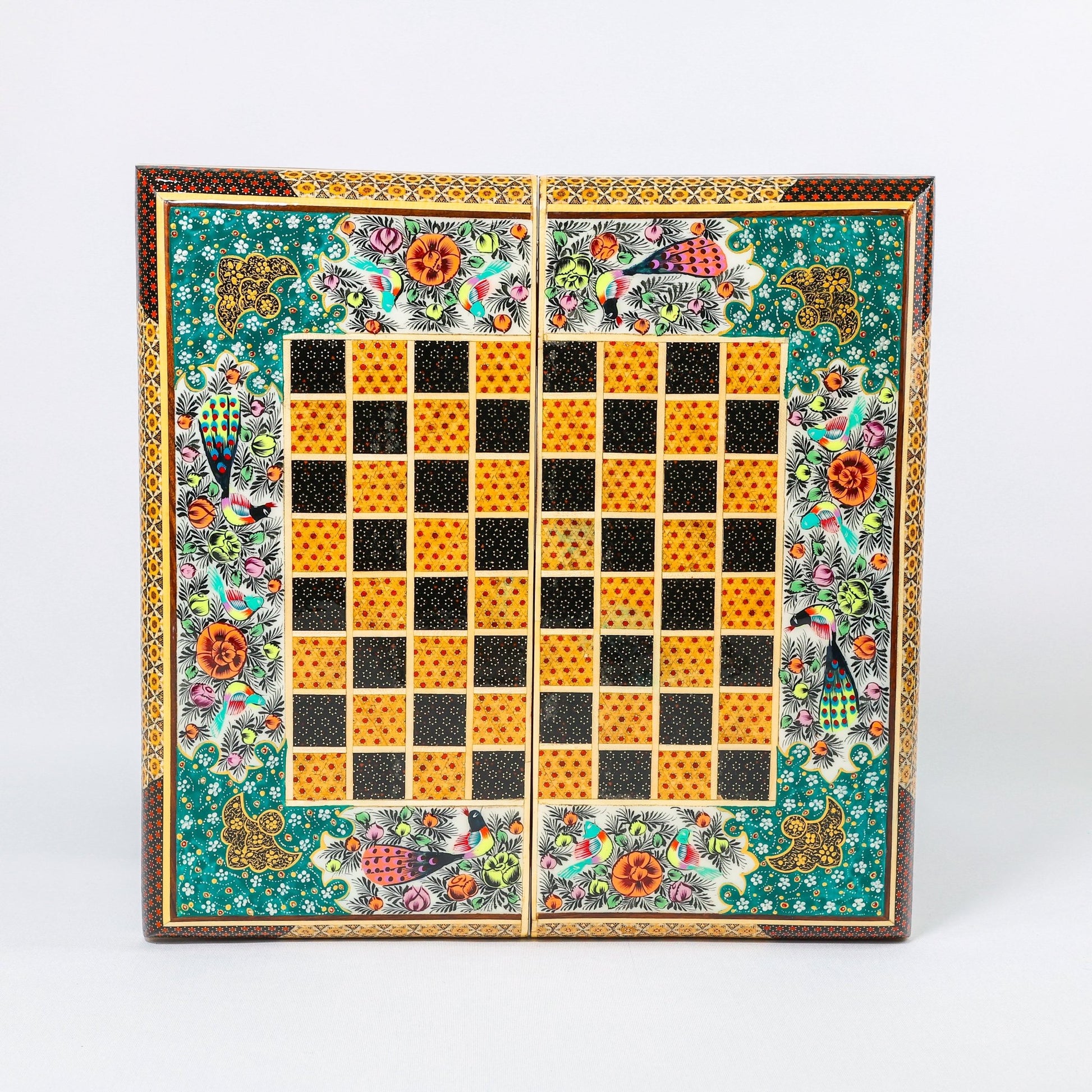 Backgammon & Chess Board - Size 40 - Flower & Bird Design - Khatam Interior - 03 - Meraas Gallery