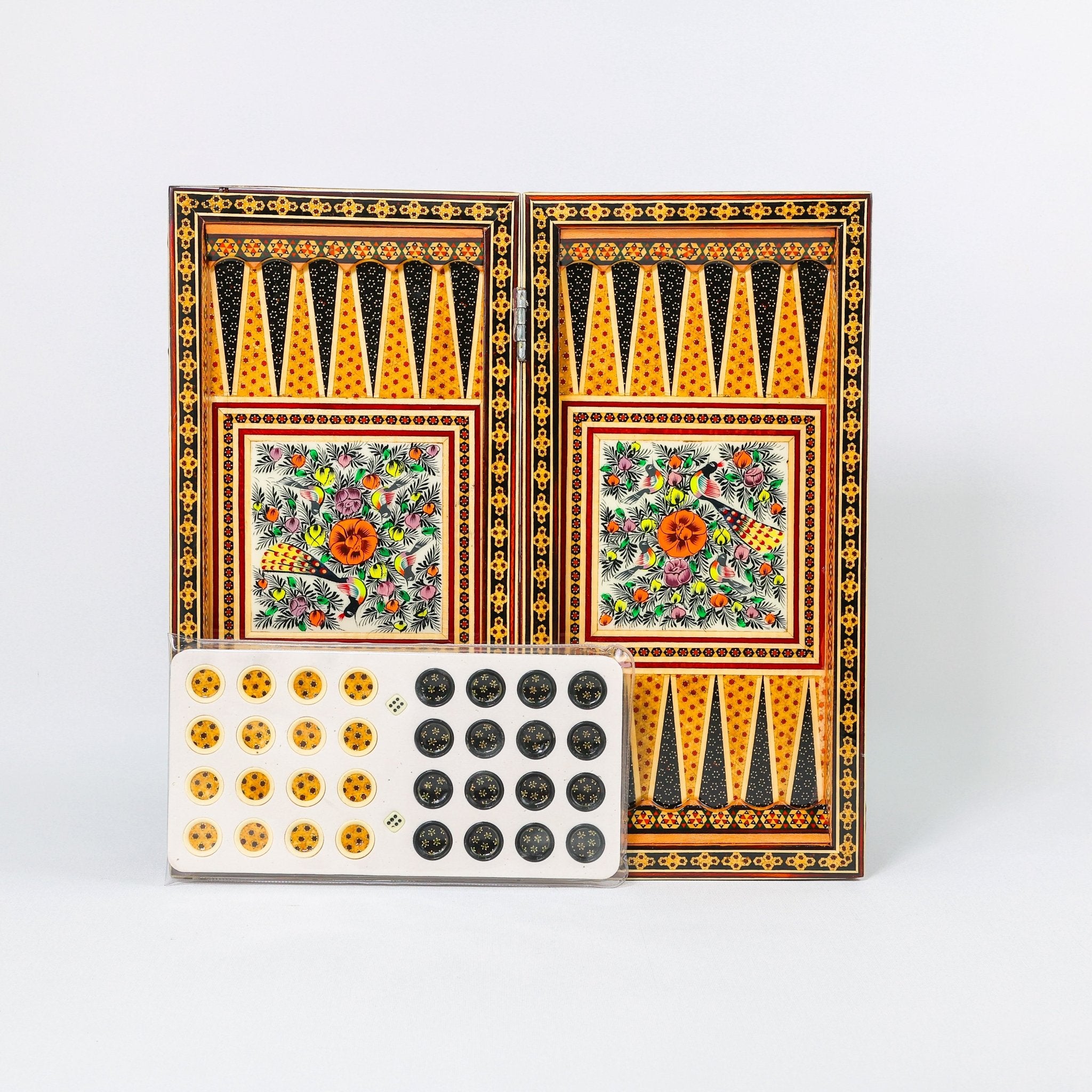 Backgammon & Chess Board - Size 40 - Flower & Bird Design - Khatam Interior - 03 - Meraas Gallery