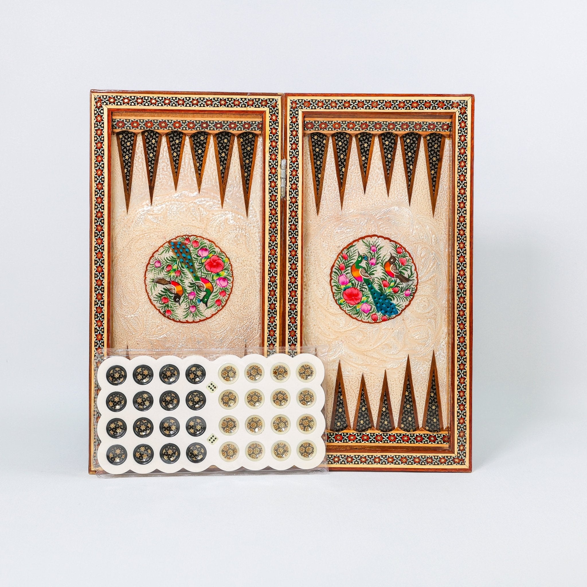 Backgammon & Chess Board - Size 40 - Flower & Bird Design - Khatam Interior - 05 - Meraas Gallery