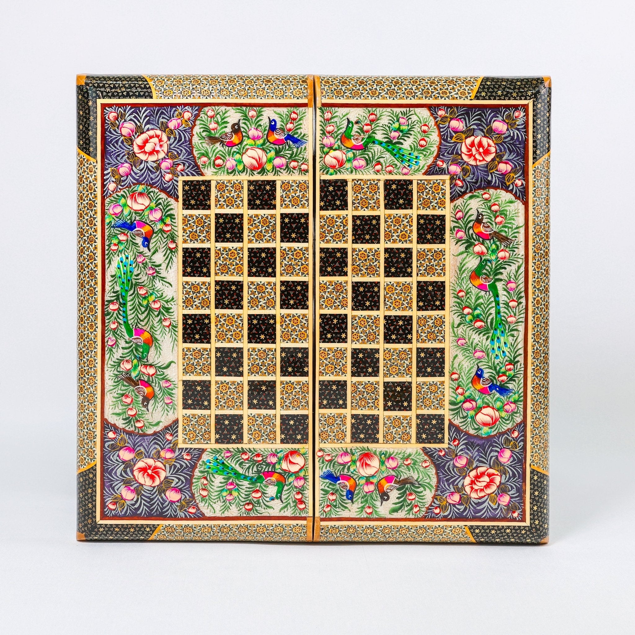 Backgammon & Chess Board - Size 40 - Flower & Bird Design - Khatam Interior - 05 - Meraas Gallery