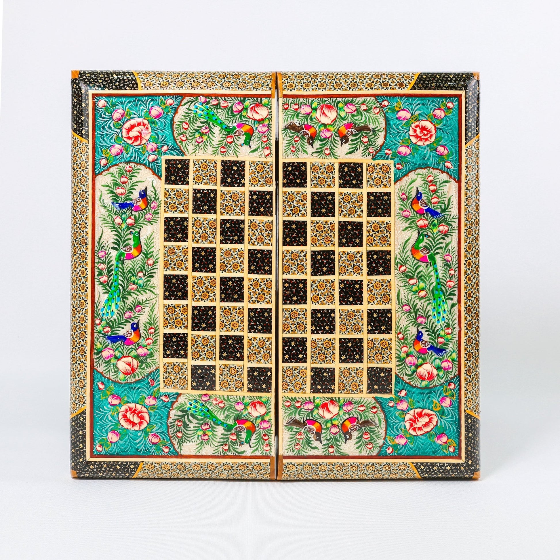 Backgammon & Chess Board - Size 40 - Flower & Bird Design - Khatam Interior - 08 - Meraas Gallery