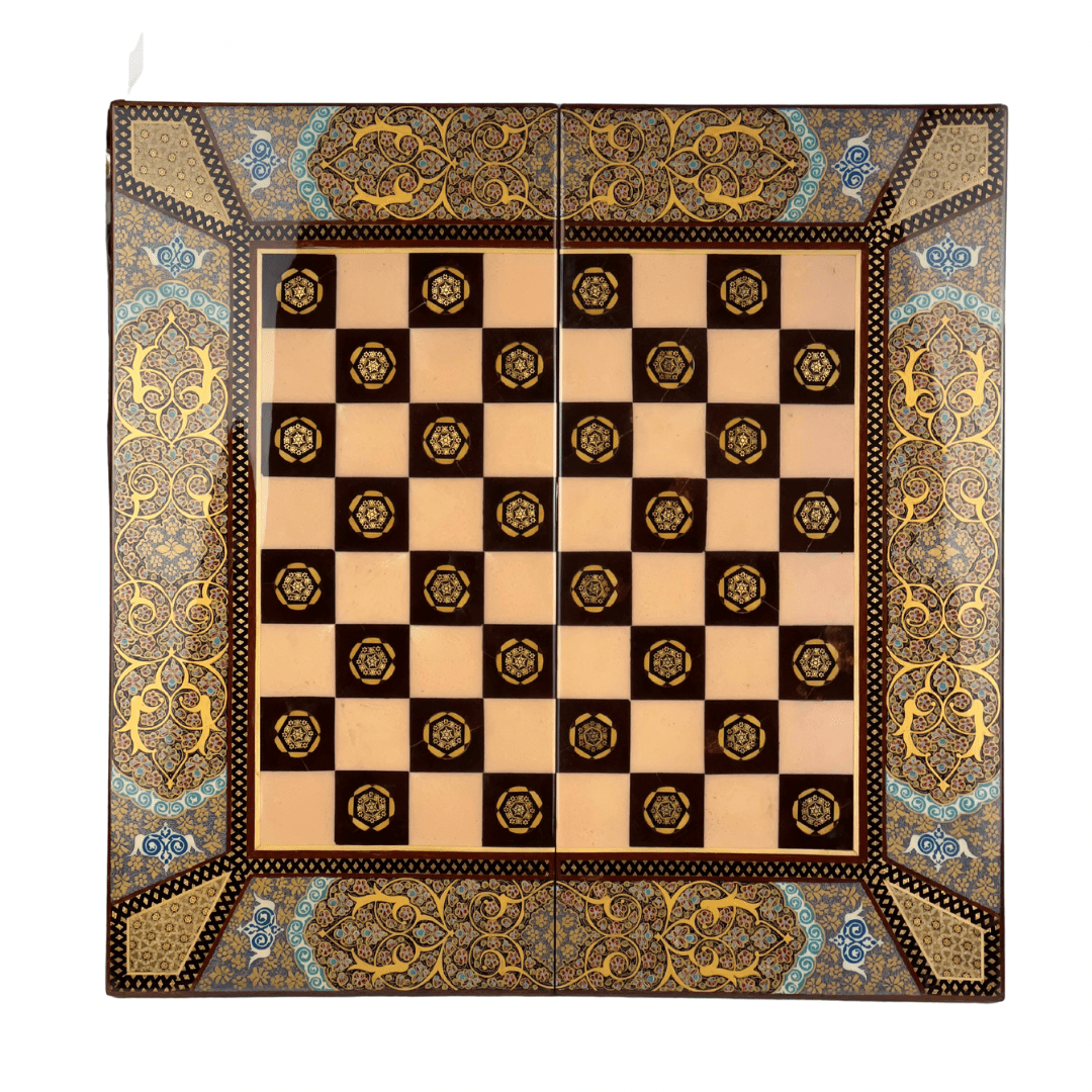 Backgammon & Chess Board - Size 60 - Mother - of - Pearl Interior - Hand - Painted Tazhib Lid - 01 - Meraas Gallery