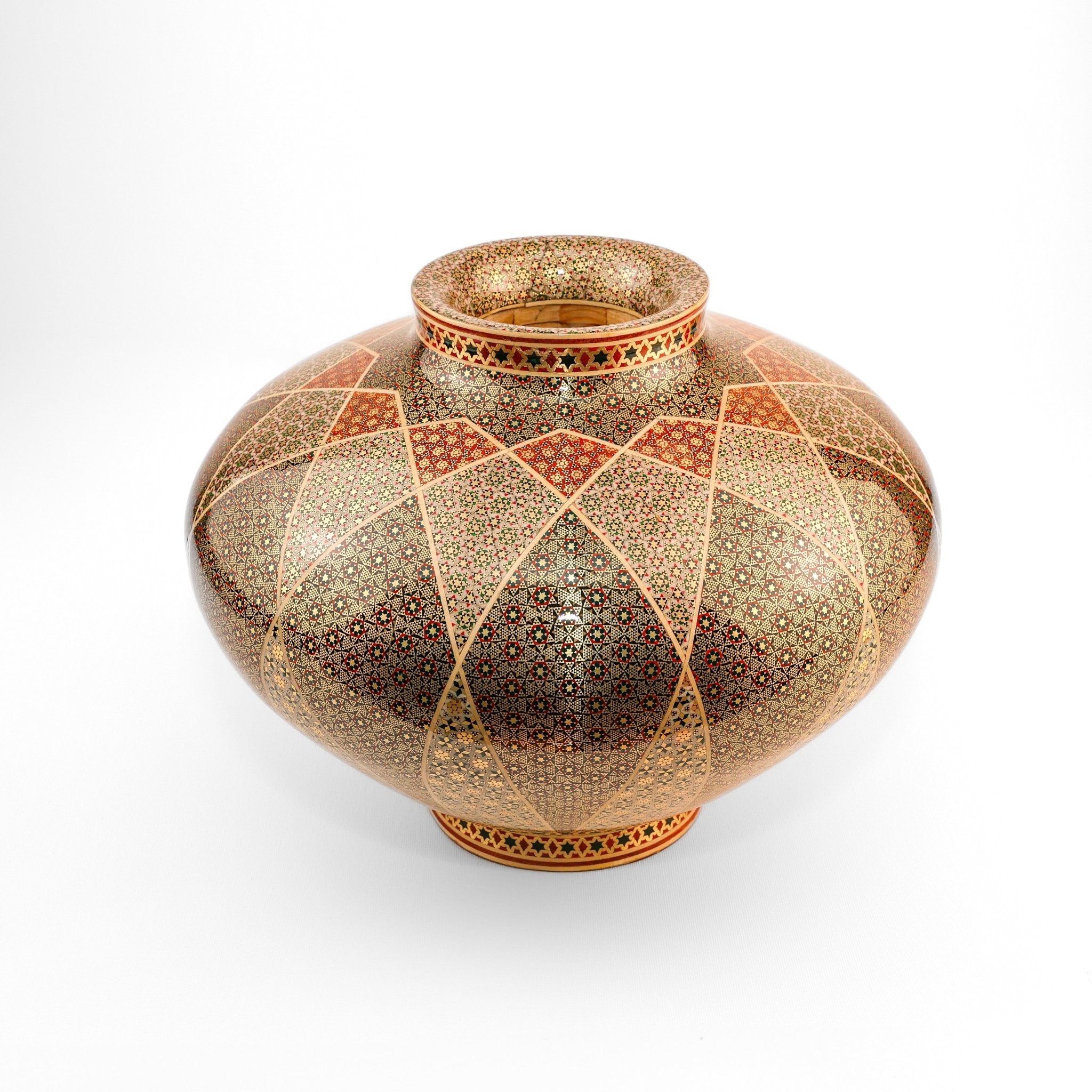 Wide - Mouth Wooden Vessel - Height 23 cm x Width 30 cm - Premium Khatam - Lattice Design - Meraas Gallery