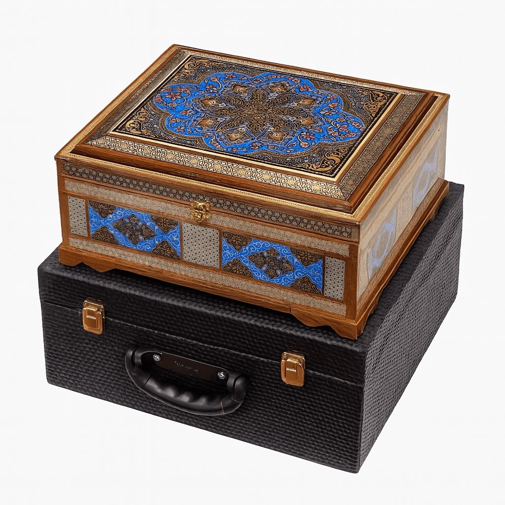 Box - Size 30x40 - Premium Khatam - Tazhib Lid - Khatam Interior - With Leather Case - Meraas Gallery