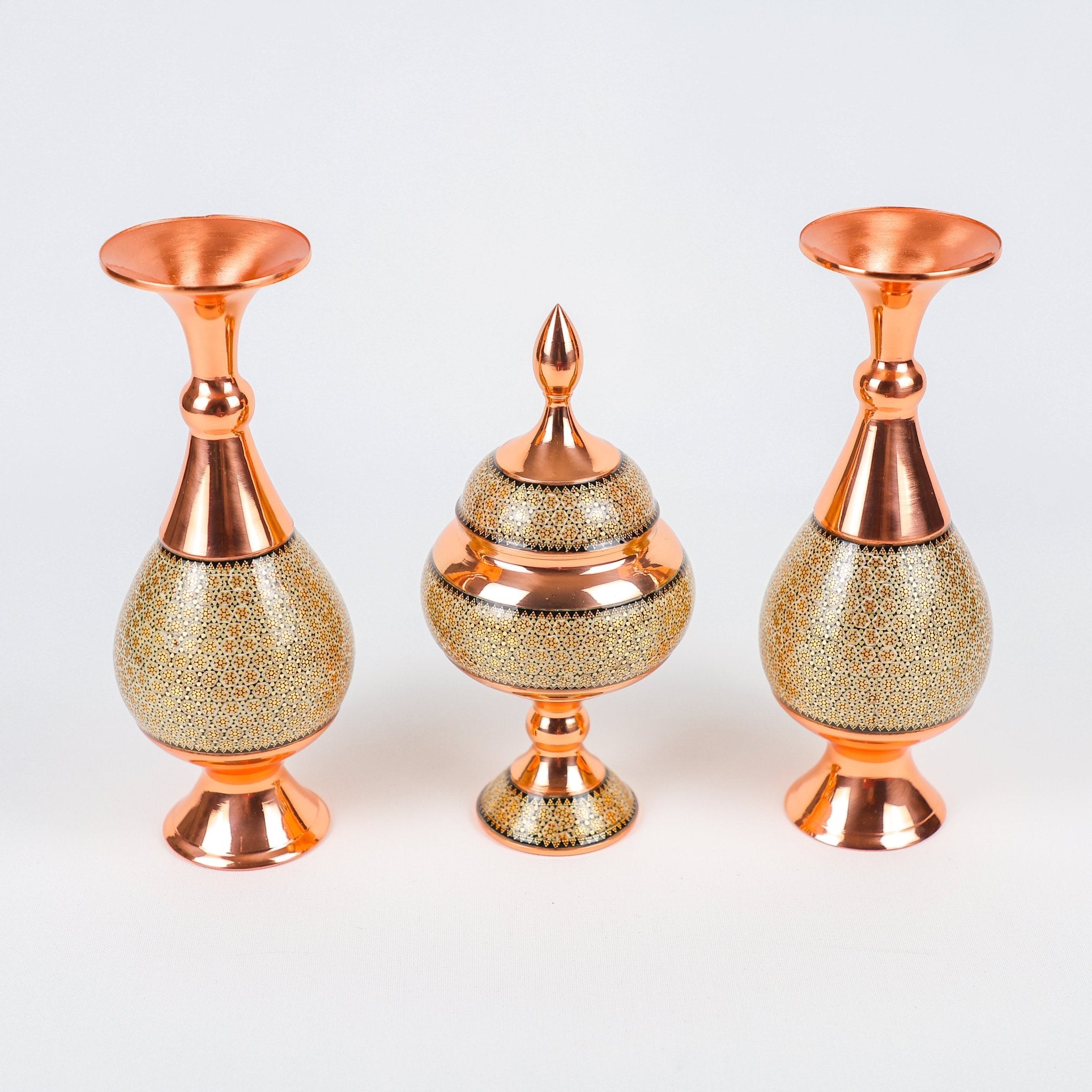 Set - Vase Size 25 & Candy Dish Size 24 - Copper with Khatam - Meraas Gallery