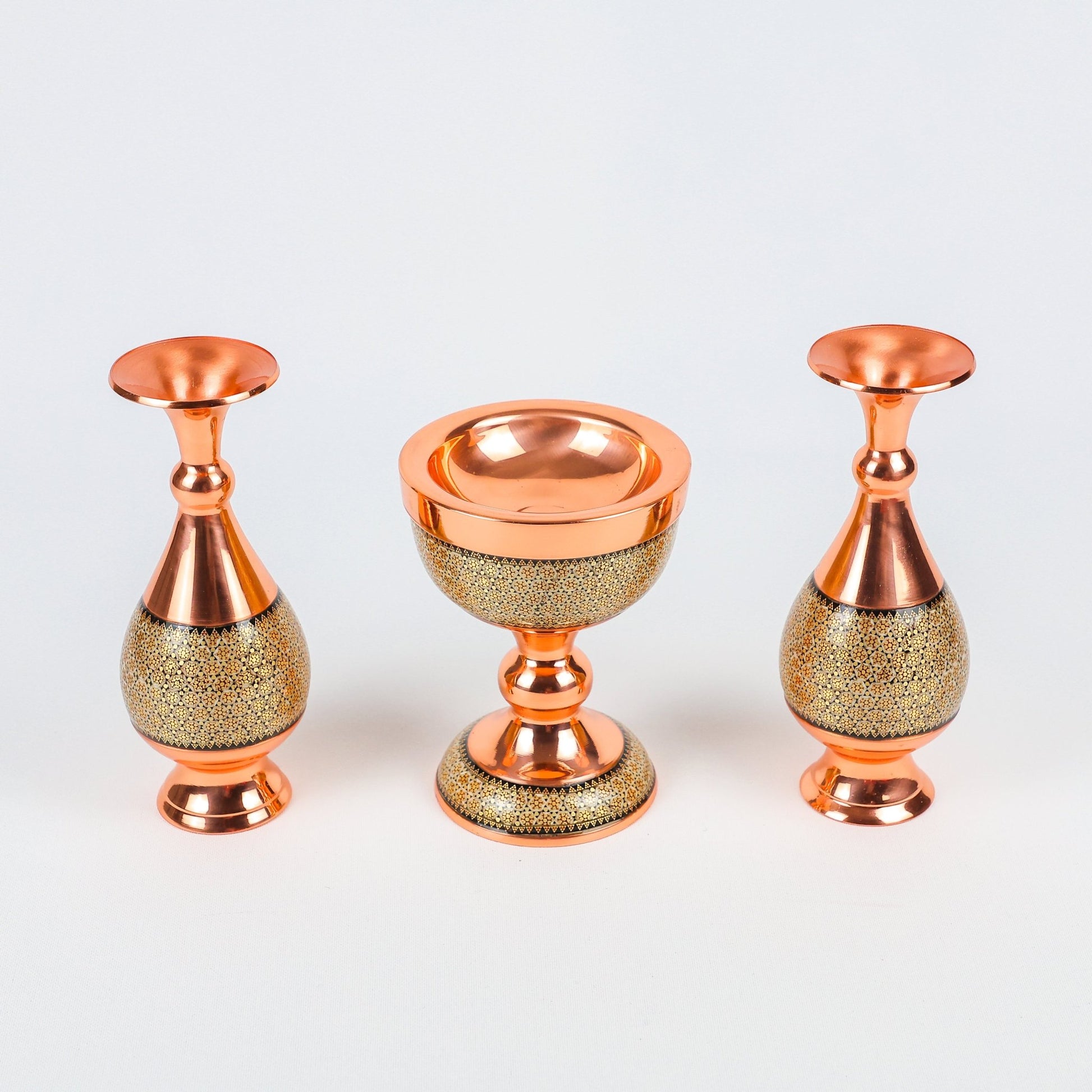 Set - Vase Size 20 & Sangab Bowl Size 16 - Copper with Khatam - Meraas Gallery