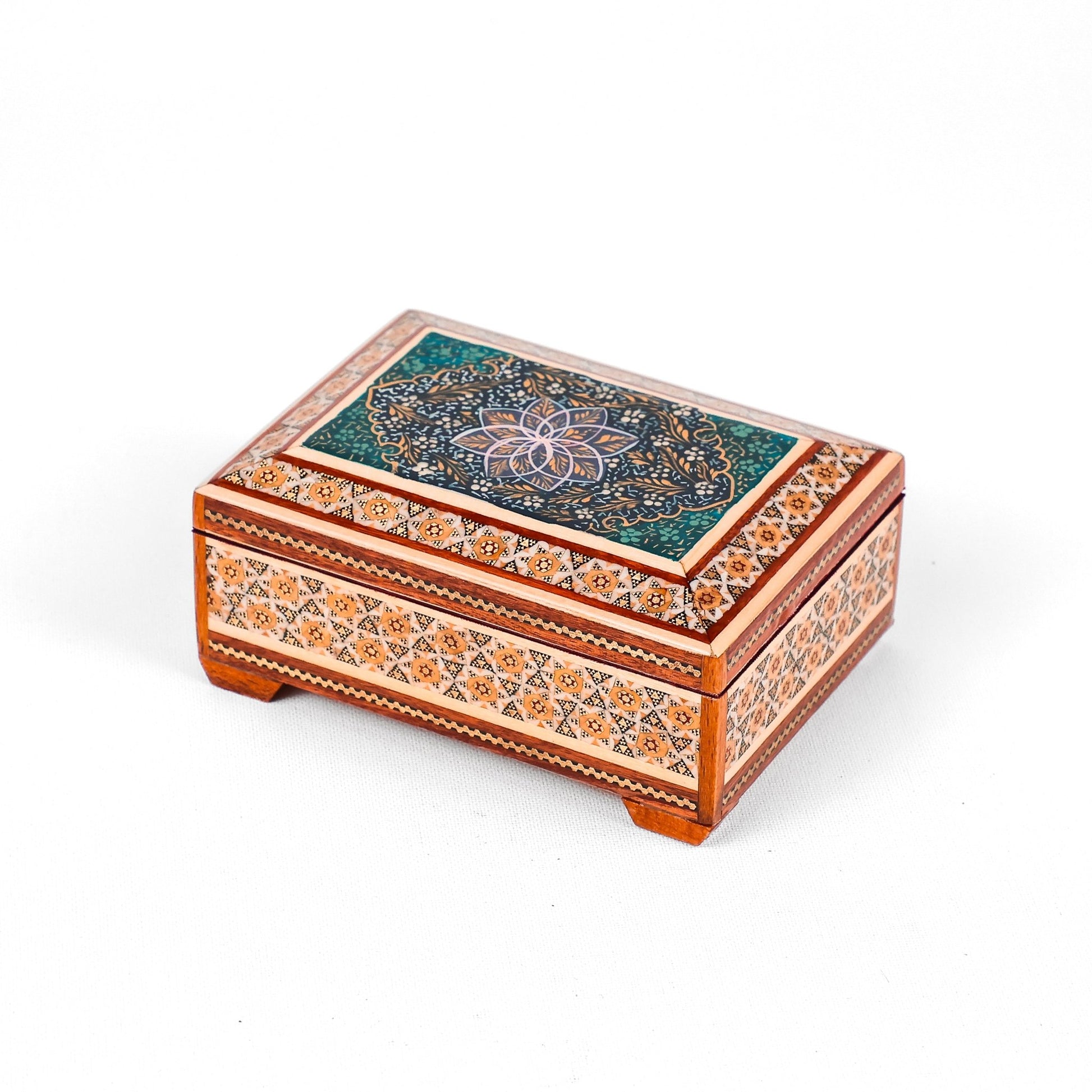 Wooden Khatam Jewelry Box – Miniature Painting – Medium Size - Meraas Gallery
