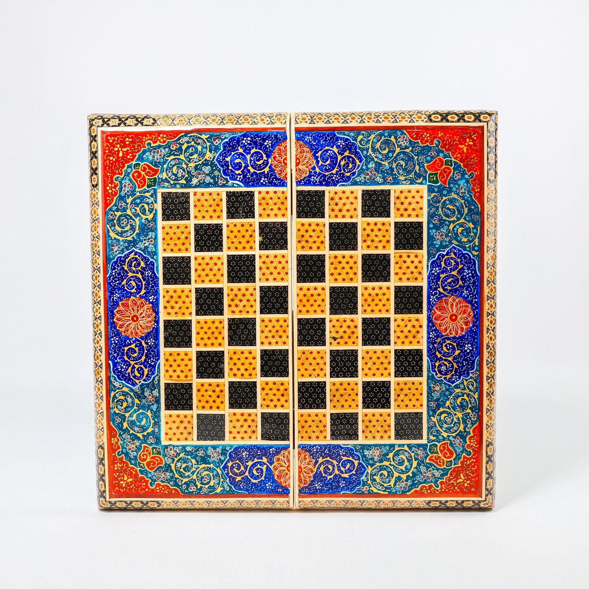 Backgammon & Chess Board – Size 40 – Full Khatam with Column Frame – Tazhib Miniature Painting - 02 - Meraas Gallery