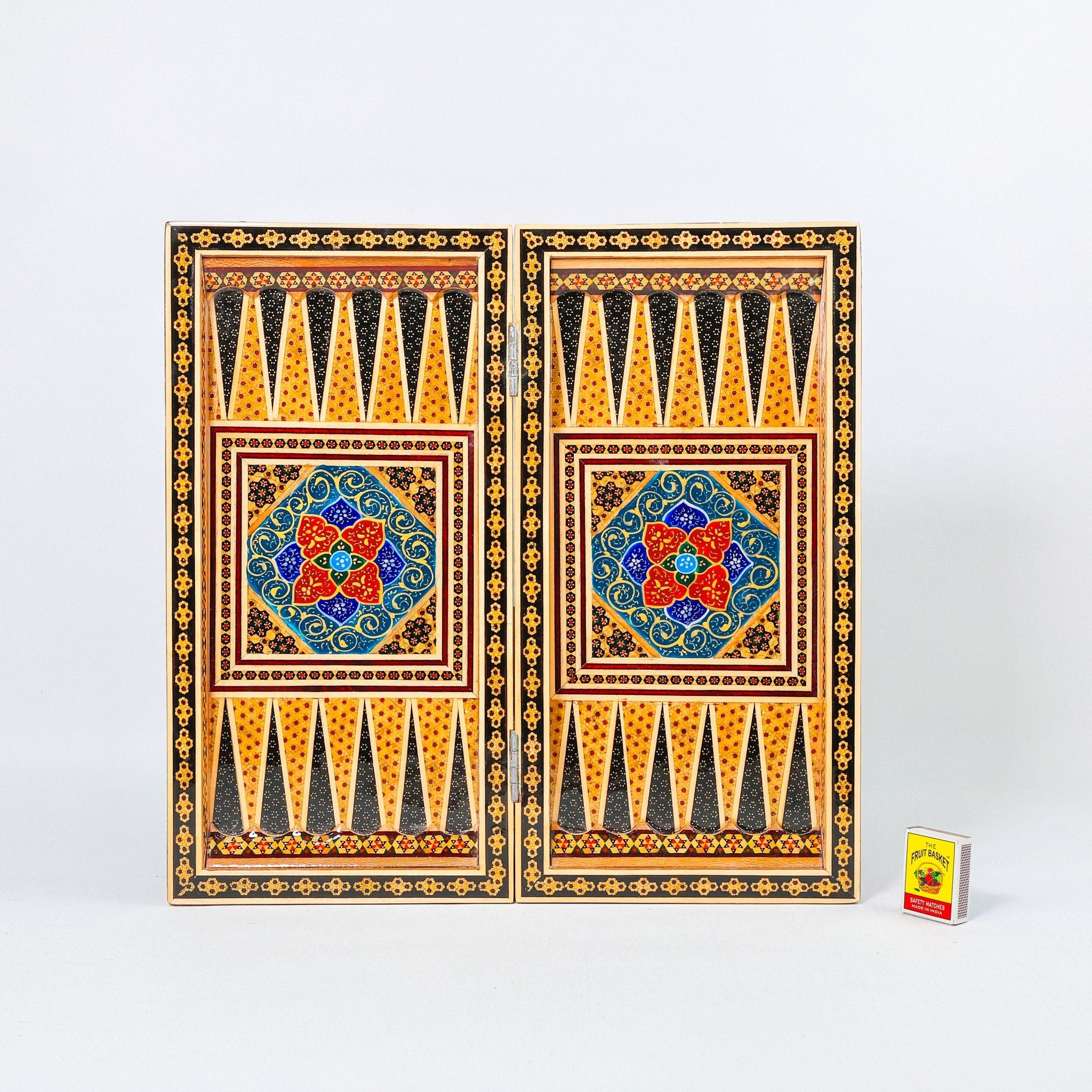 Backgammon & Chess Board – Size 40 – Full Khatam with Column Frame – Tazhib Miniature Painting - 02 - Meraas Gallery