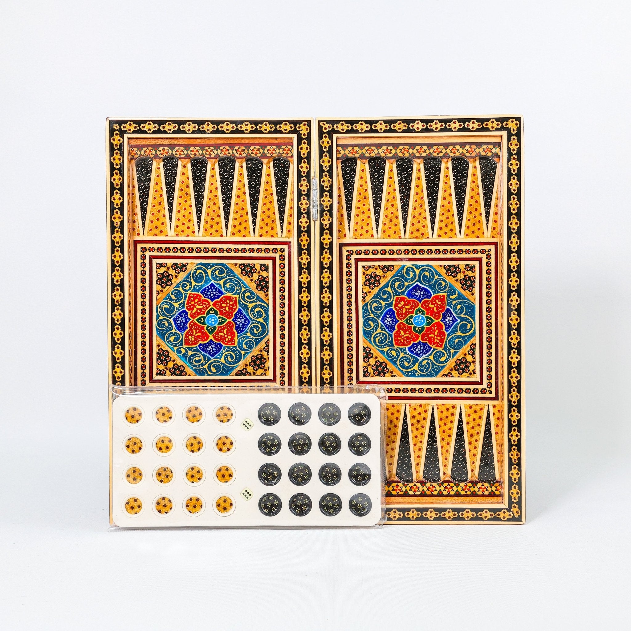 Backgammon & Chess Board – Size 40 – Full Khatam with Column Frame – Tazhib Miniature Painting - 02 - Meraas Gallery
