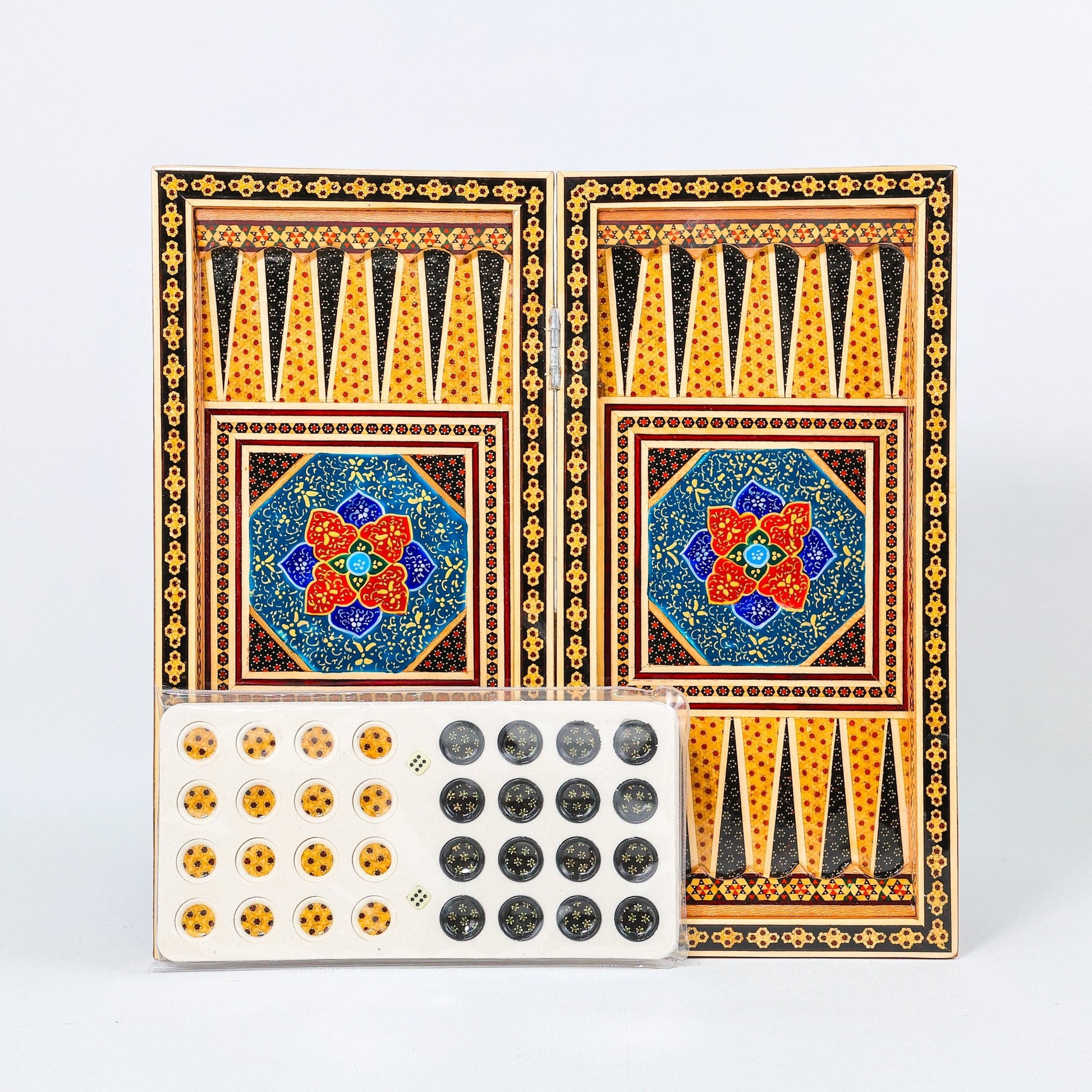 Backgammon & Chess Board – Size 40 – Full Khatam with Column Frame – Tazhib Miniature Painting - 03 - Meraas Gallery