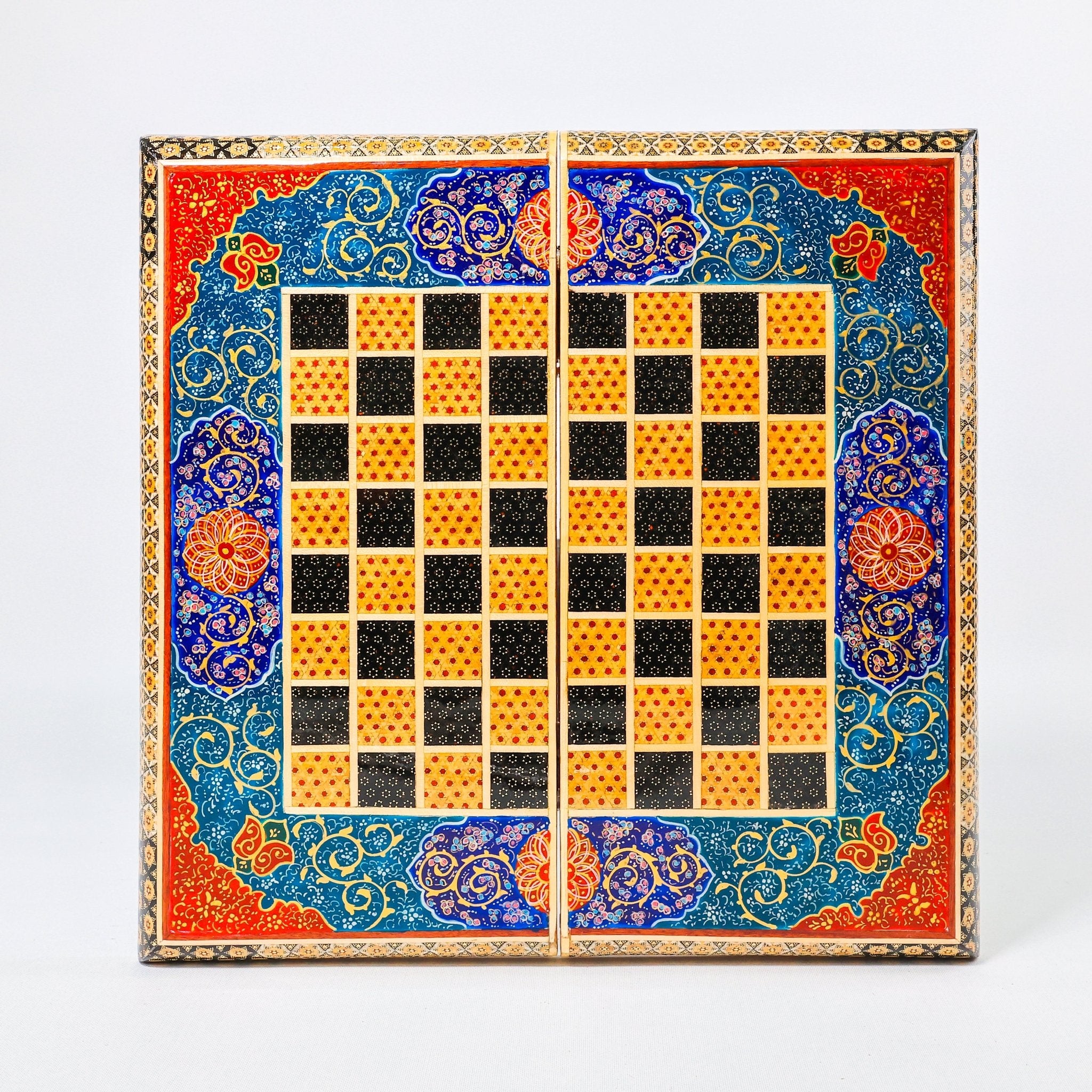 Backgammon & Chess Board – Size 40 – Full Khatam with Column Frame – Tazhib Miniature Painting - 03 - Meraas Gallery