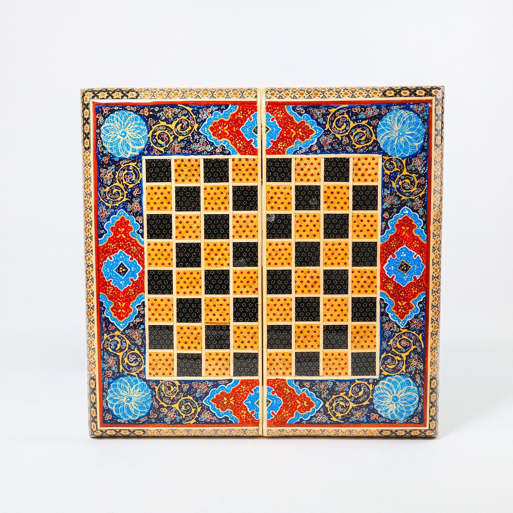 Backgammon & Chess Board – Size 40 – Full Khatam with Column Frame – Tazhib Miniature Painting - 04 - Meraas Gallery