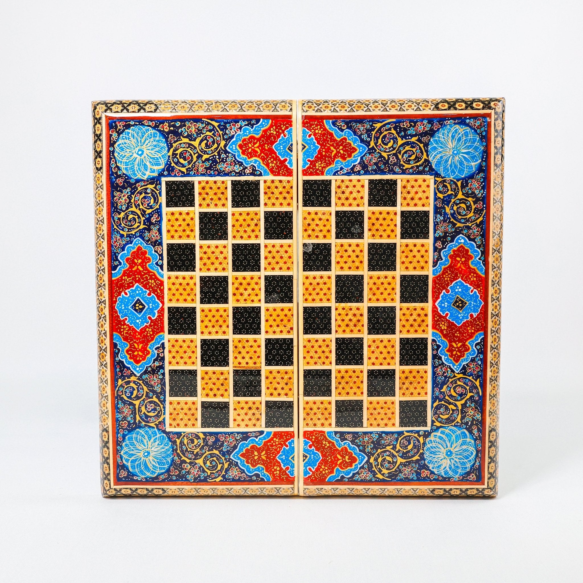 Backgammon & Chess Board – Size 40 – Full Khatam with Column Frame – Tazhib Miniature Painting - 04 - Meraas Gallery