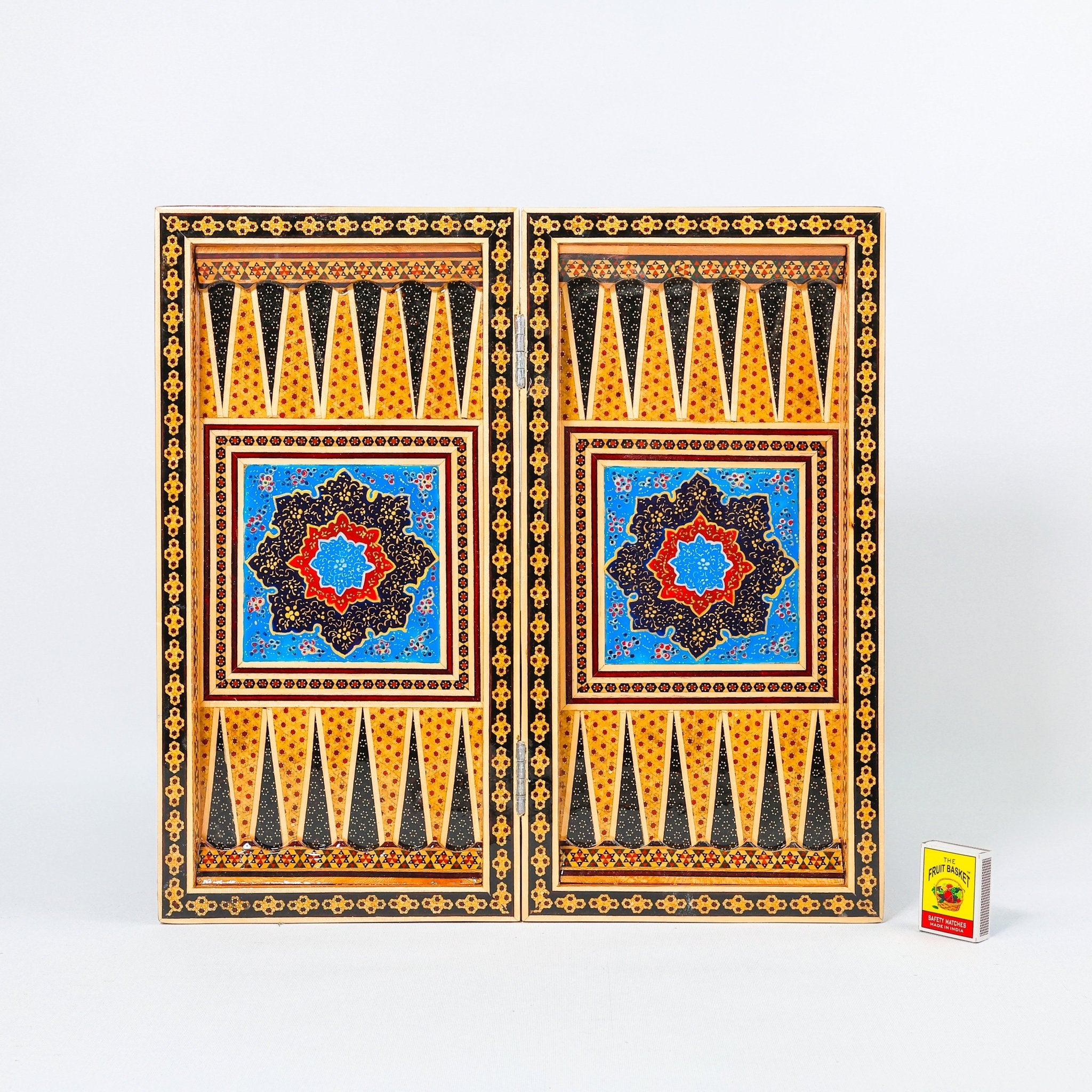Backgammon & Chess Board – Size 40 – Full Khatam with Column Frame – Tazhib Miniature Painting - 04 - Meraas Gallery