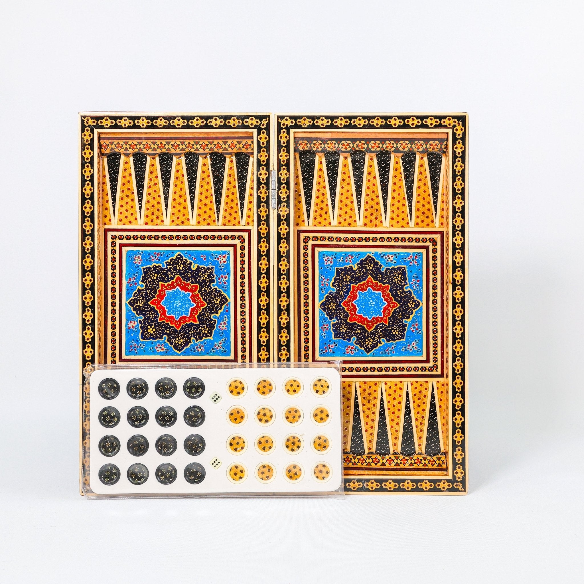 Backgammon & Chess Board – Size 40 – Full Khatam with Column Frame – Tazhib Miniature Painting - 04 - Meraas Gallery