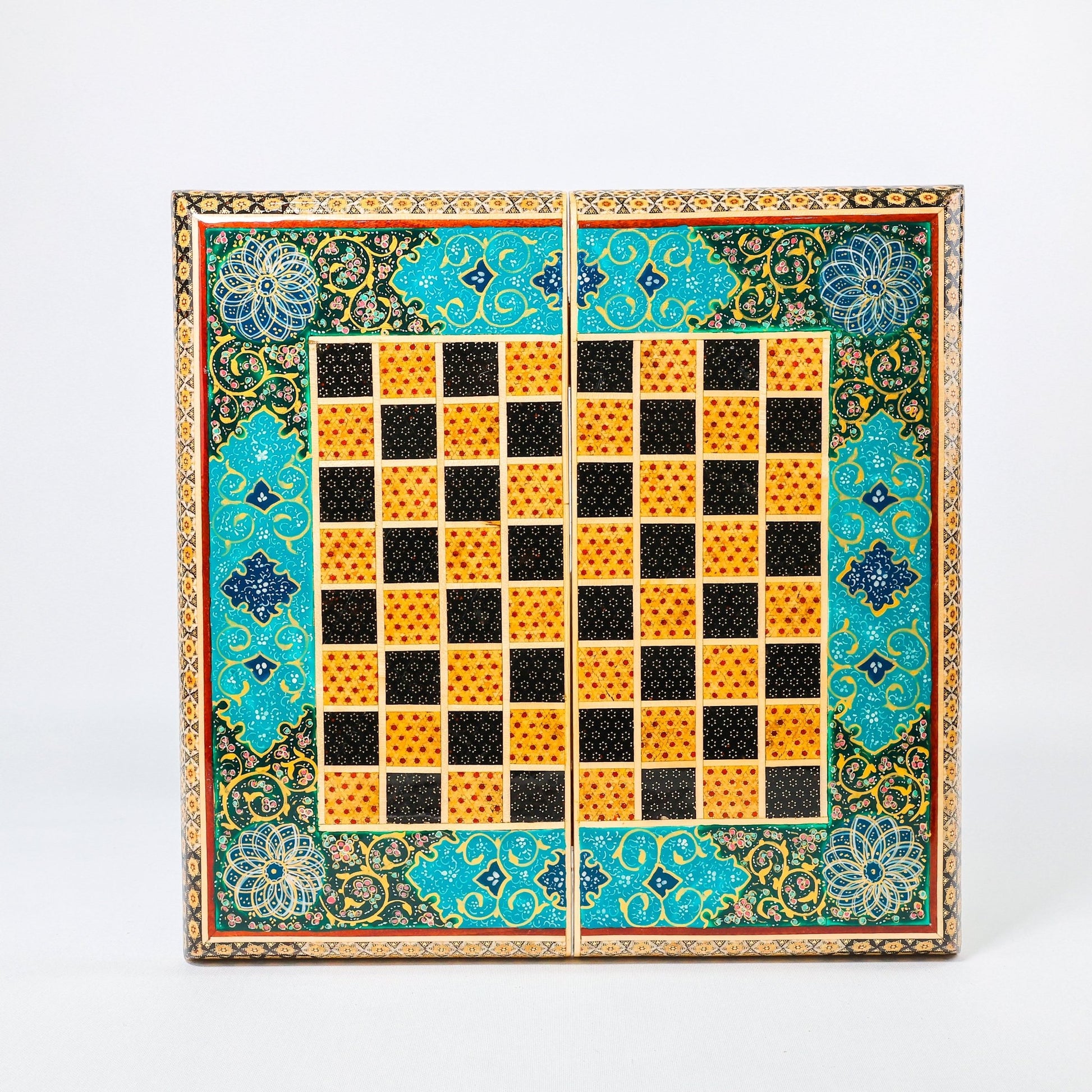 Backgammon & Chess Board – Size 40 – Full Khatam with Column Frame – Tazhib Miniature Painting - 05 - Meraas Gallery