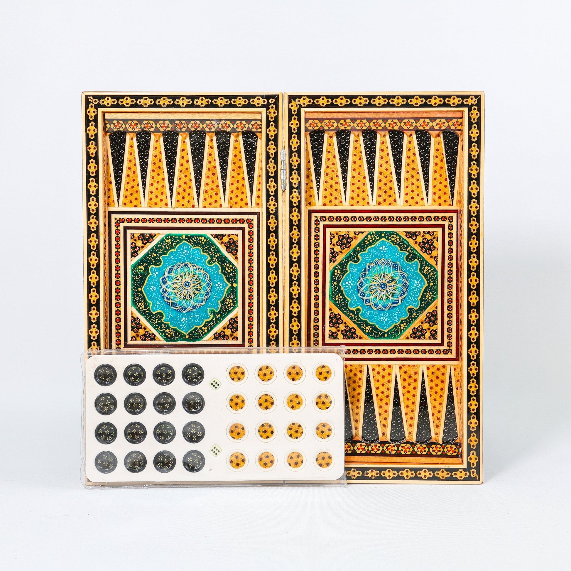 Backgammon & Chess Board – Size 40 – Full Khatam with Column Frame – Tazhib Miniature Painting - 05 - Meraas Gallery