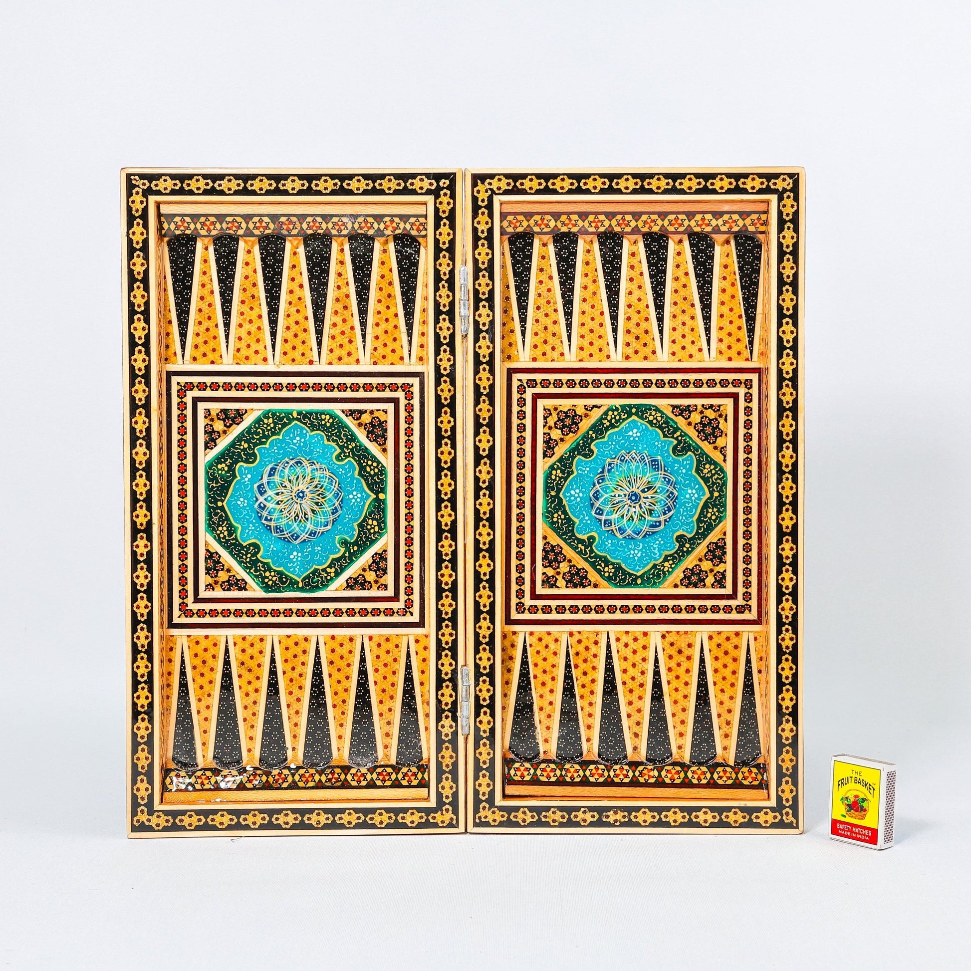 Backgammon & Chess Board – Size 40 – Full Khatam with Column Frame – Tazhib Miniature Painting - 05 - Meraas Gallery