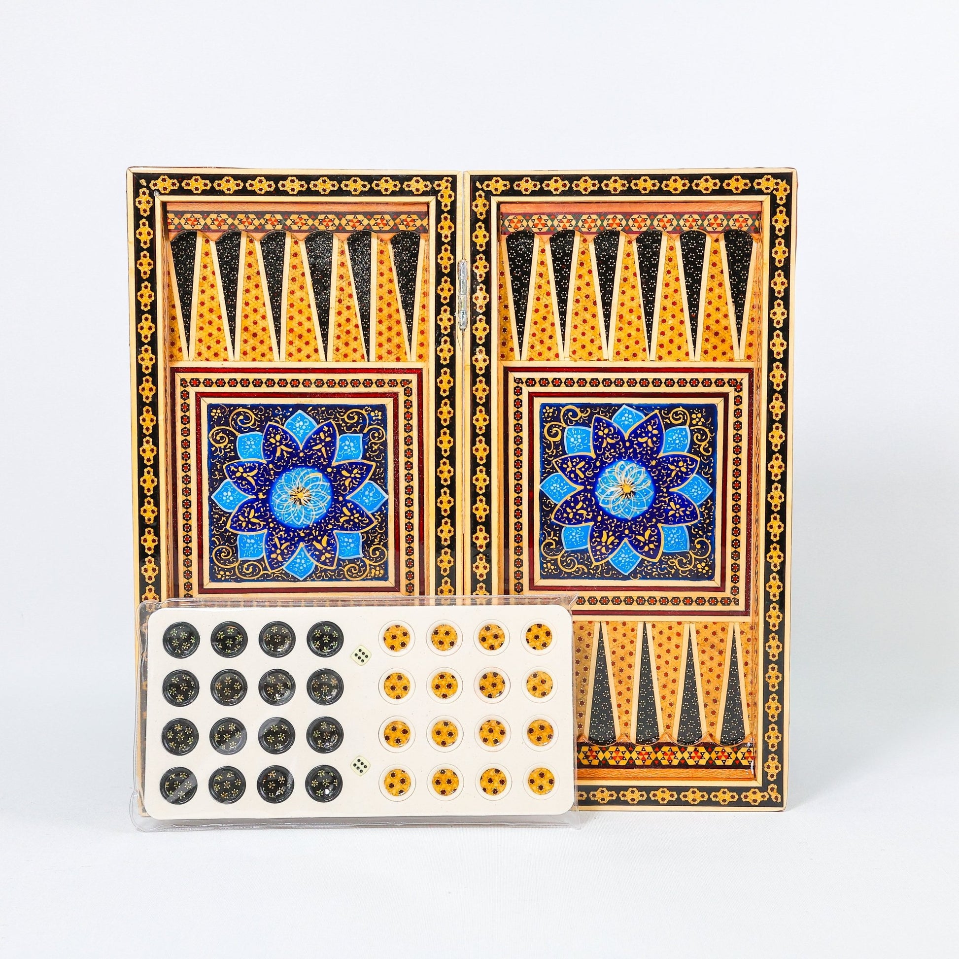 Backgammon & Chess Board – Size 40 – Full Khatam with Column Frame – Tazhib Miniature Painting - 06 - Meraas Gallery