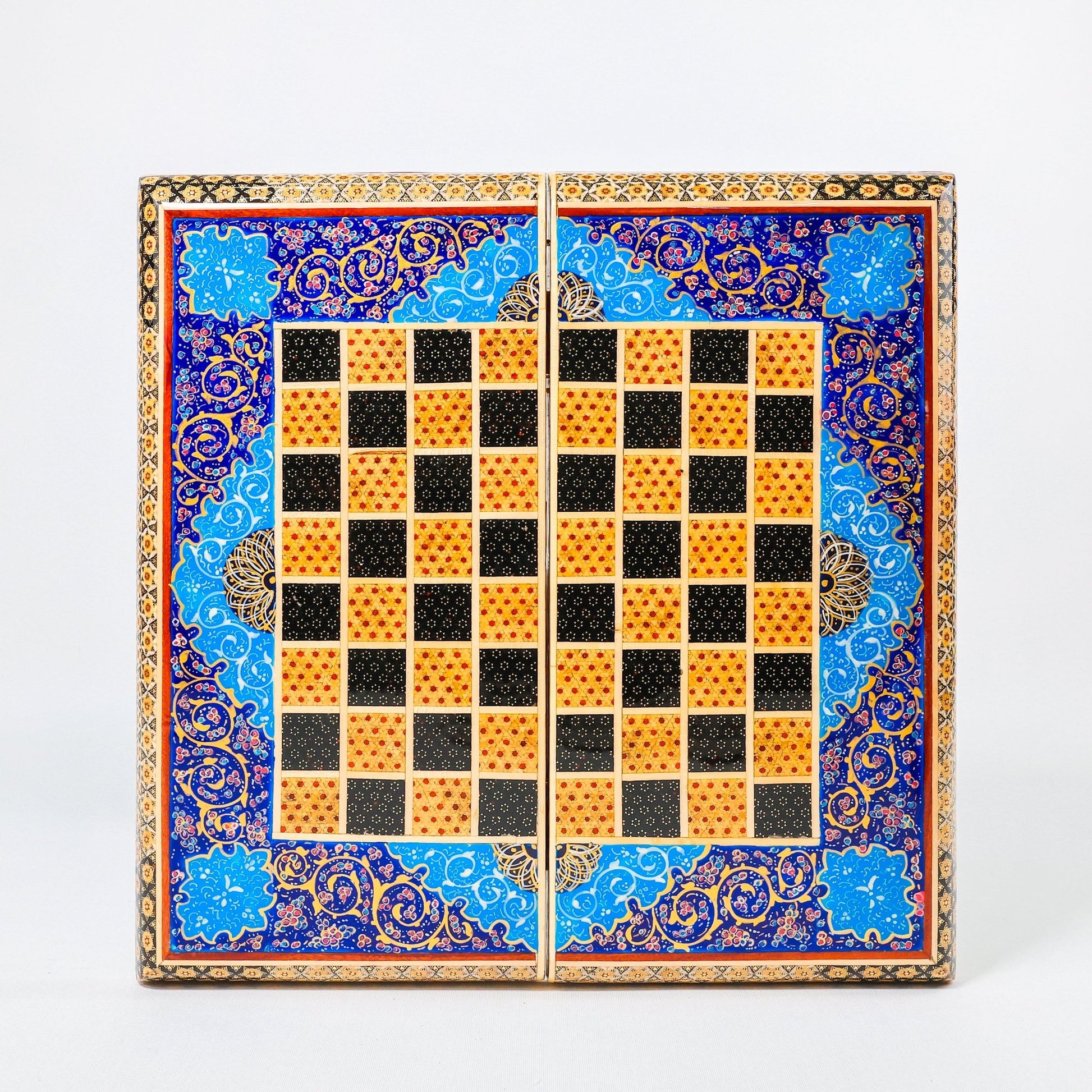 Backgammon & Chess Board – Size 40 – Full Khatam with Column Frame – Tazhib Miniature Painting - 06 - Meraas Gallery