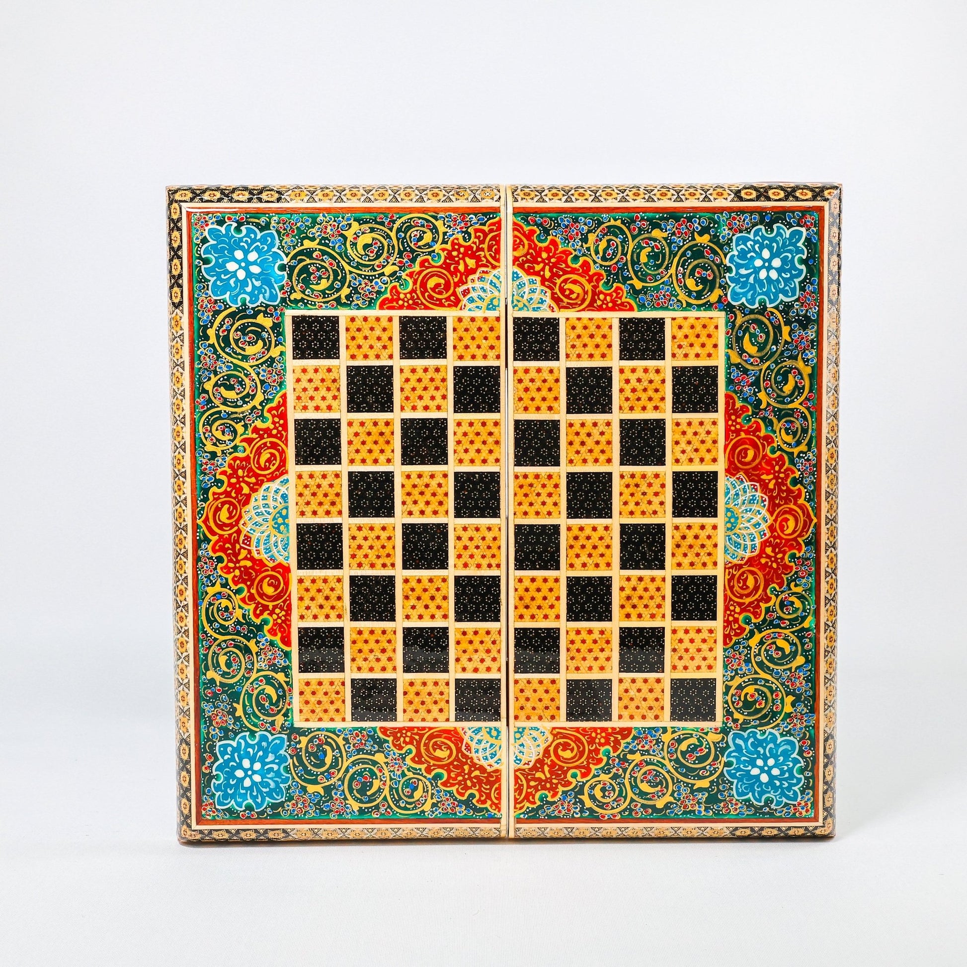 Backgammon & Chess Board – Size 40 – Full Khatam with Column Frame – Tazhib Miniature Painting - 07 - Meraas Gallery