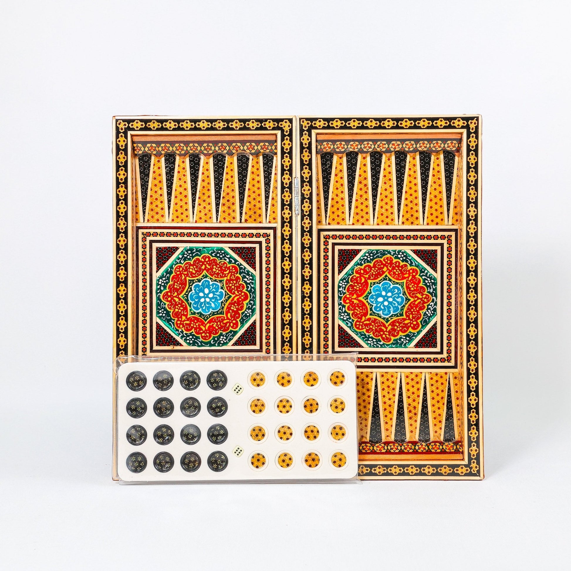 Backgammon & Chess Board – Size 40 – Full Khatam with Column Frame – Tazhib Miniature Painting - 07 - Meraas Gallery