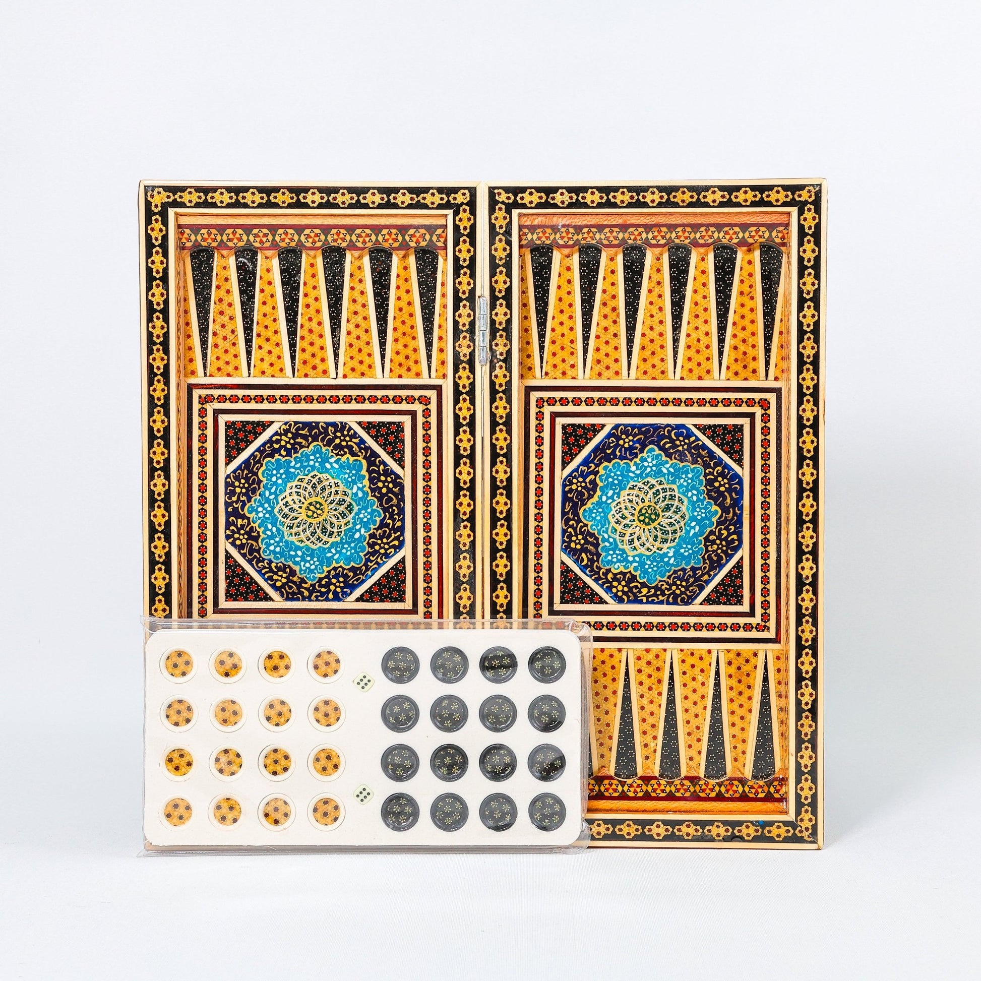 Backgammon & Chess Board – Size 40 – Full Khatam with Column Frame – Tazhib Miniature Painting - 08 - Meraas Gallery