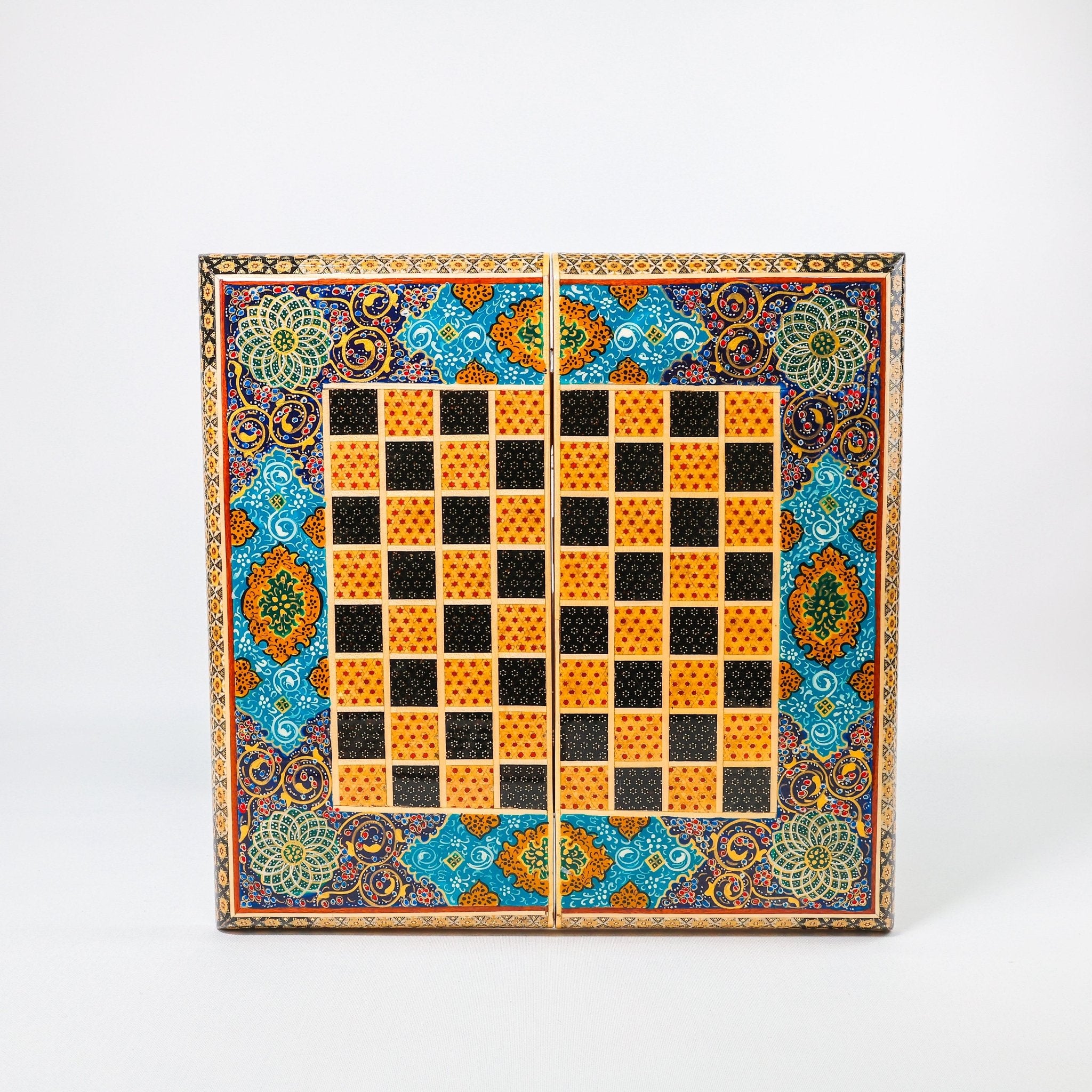 Backgammon & Chess Board – Size 40 – Full Khatam with Column Frame – Tazhib Miniature Painting - 08 - Meraas Gallery
