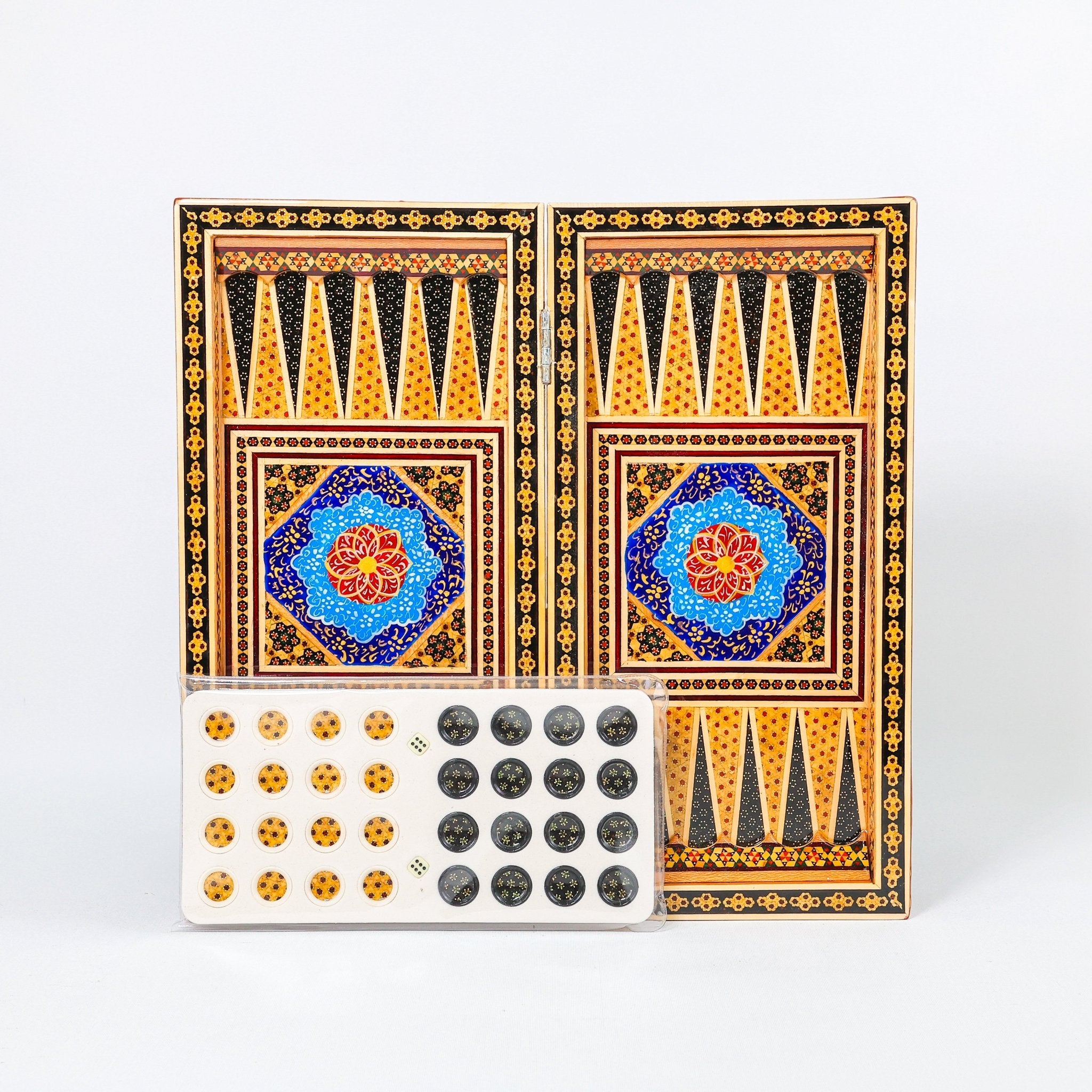 Backgammon & Chess Board – Size 40 – Full Khatam with Column Frame – Tazhib Miniature Painting - 09 - Meraas Gallery