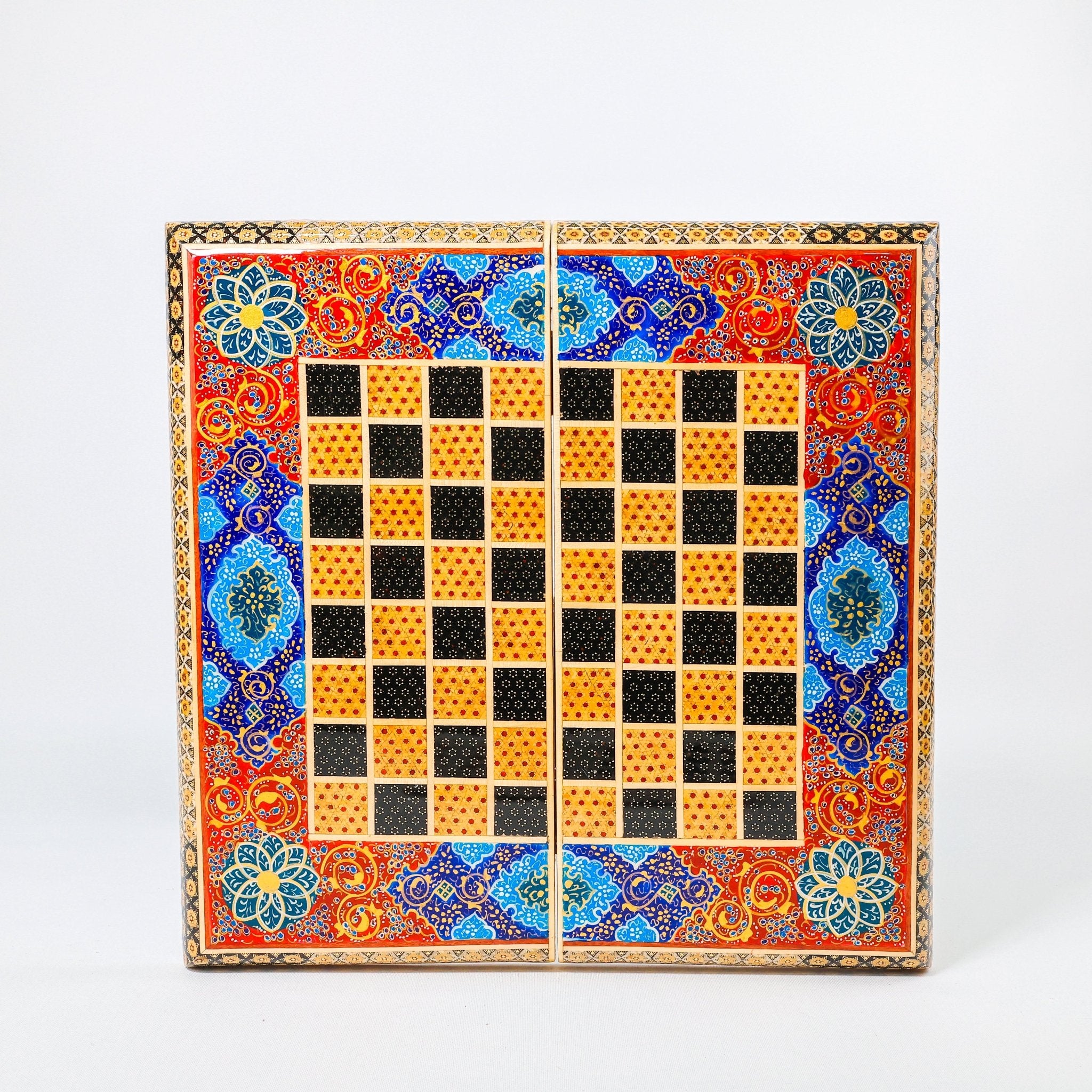 Backgammon & Chess Board – Size 40 – Full Khatam with Column Frame – Tazhib Miniature Painting - 09 - Meraas Gallery