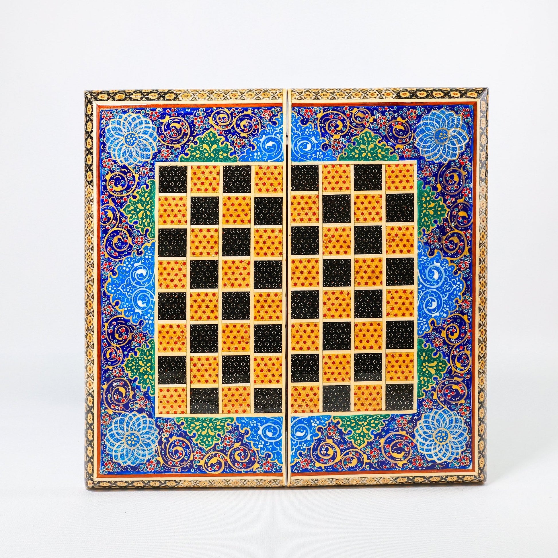 Backgammon & Chess Board – Size 40 – Full Khatam with Column Frame – Tazhib Miniature Painting - 11 - Meraas Gallery