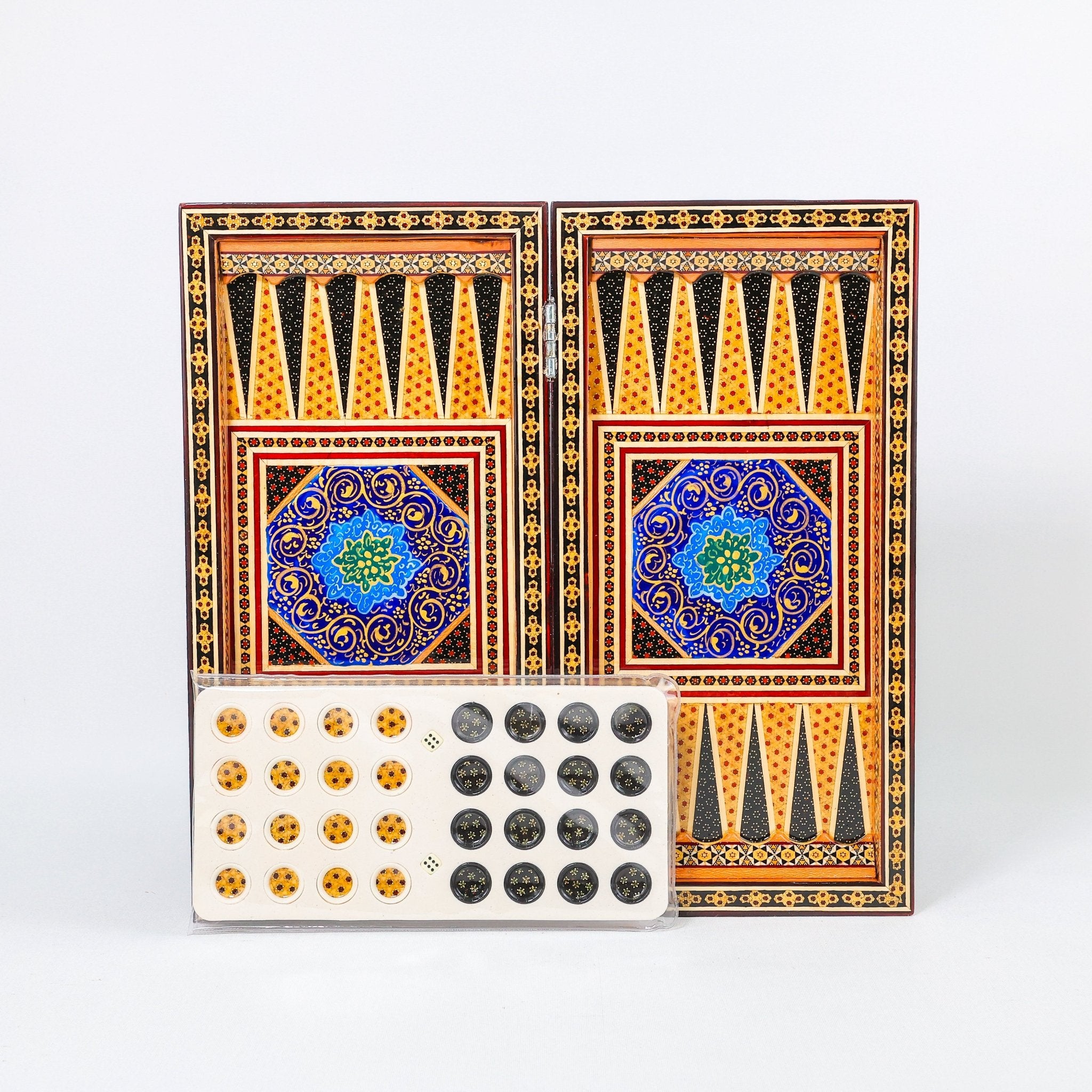 Backgammon & Chess Board – Size 40 – Full Khatam with Column Frame – Tazhib Miniature Painting - 11 - Meraas Gallery