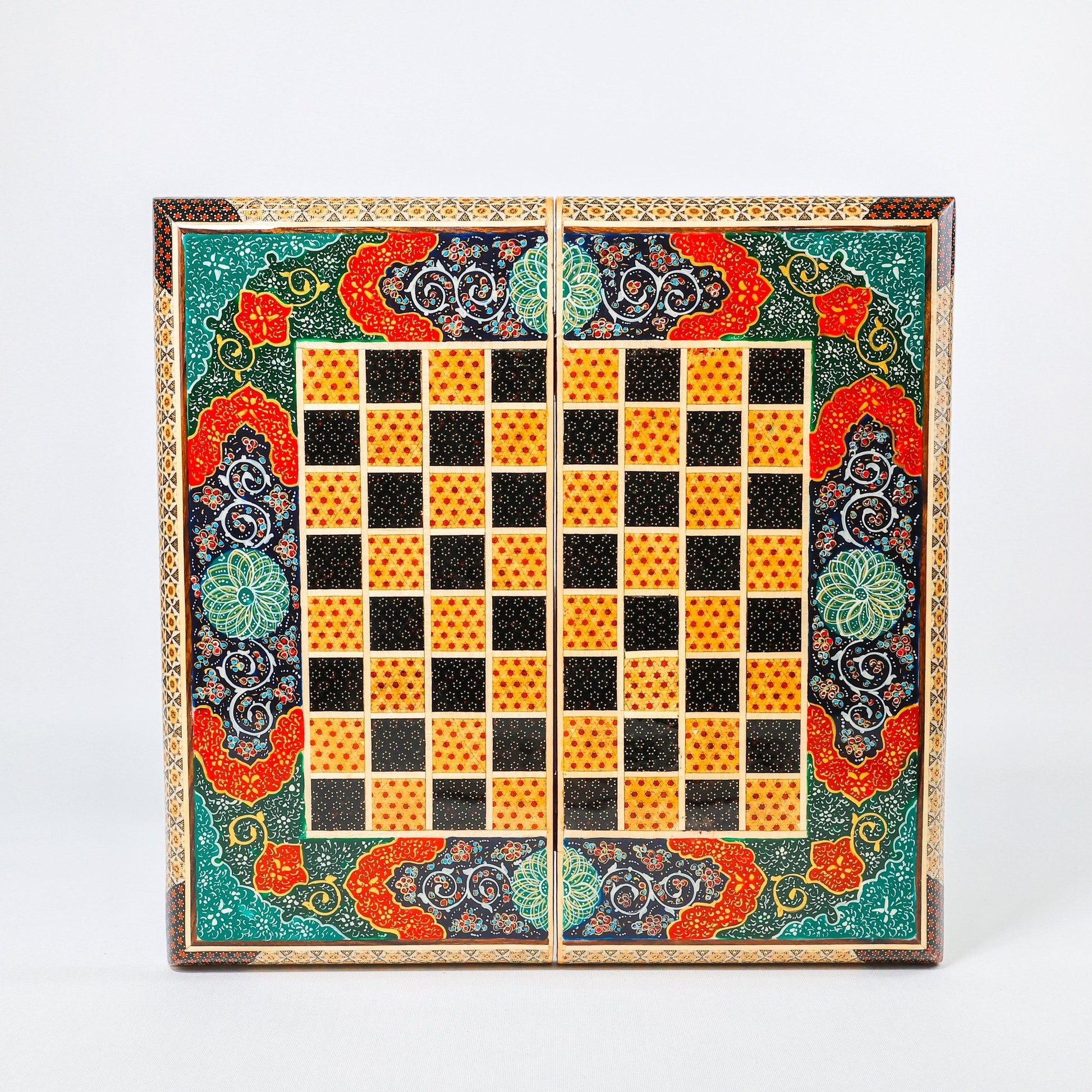 Backgammon & Chess Board – Size 40 – Full Khatam with Column Frame – Tazhib Miniature Painting - 12 - Meraas Gallery