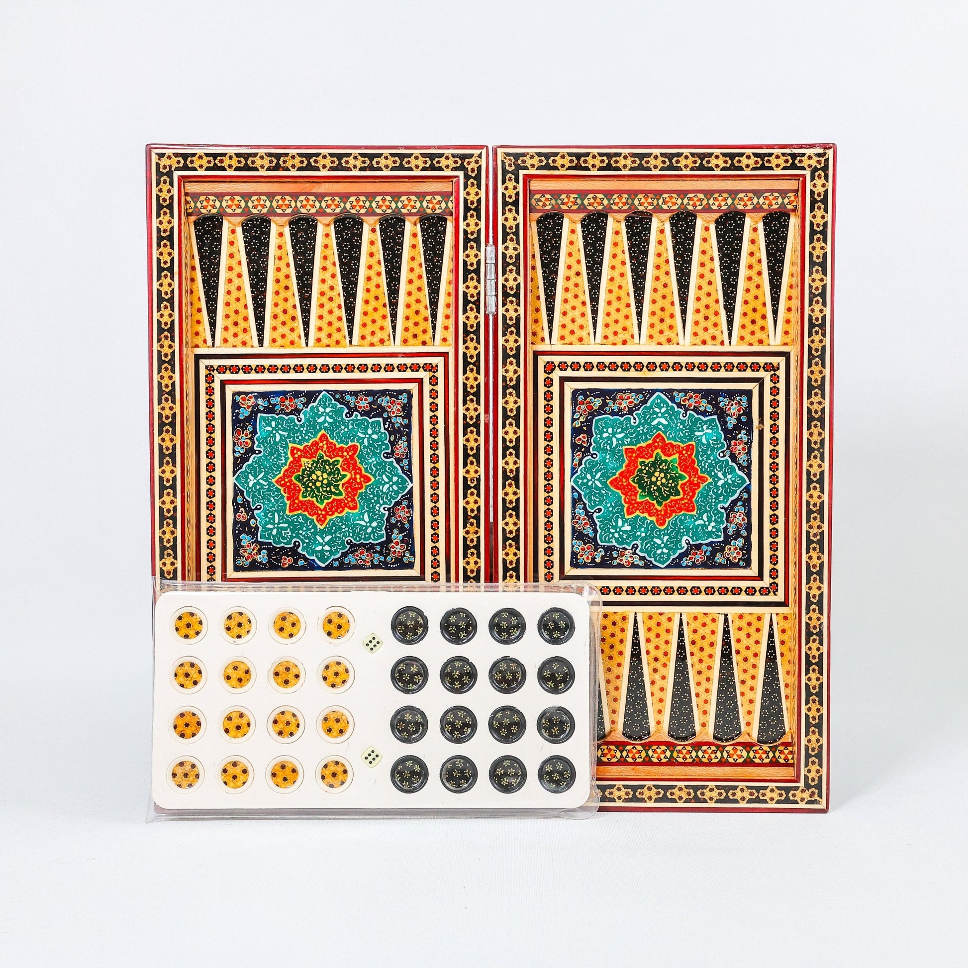 Backgammon & Chess Board – Size 40 – Full Khatam with Column Frame – Tazhib Miniature Painting - 12 - Meraas Gallery