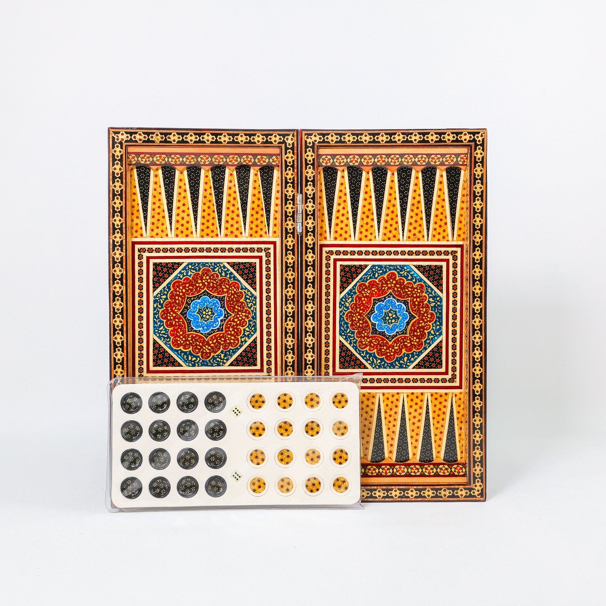 Backgammon & Chess Board – Size 40 – Full Khatam with Column Frame – Tazhib Miniature Painting - 13 - Meraas Gallery