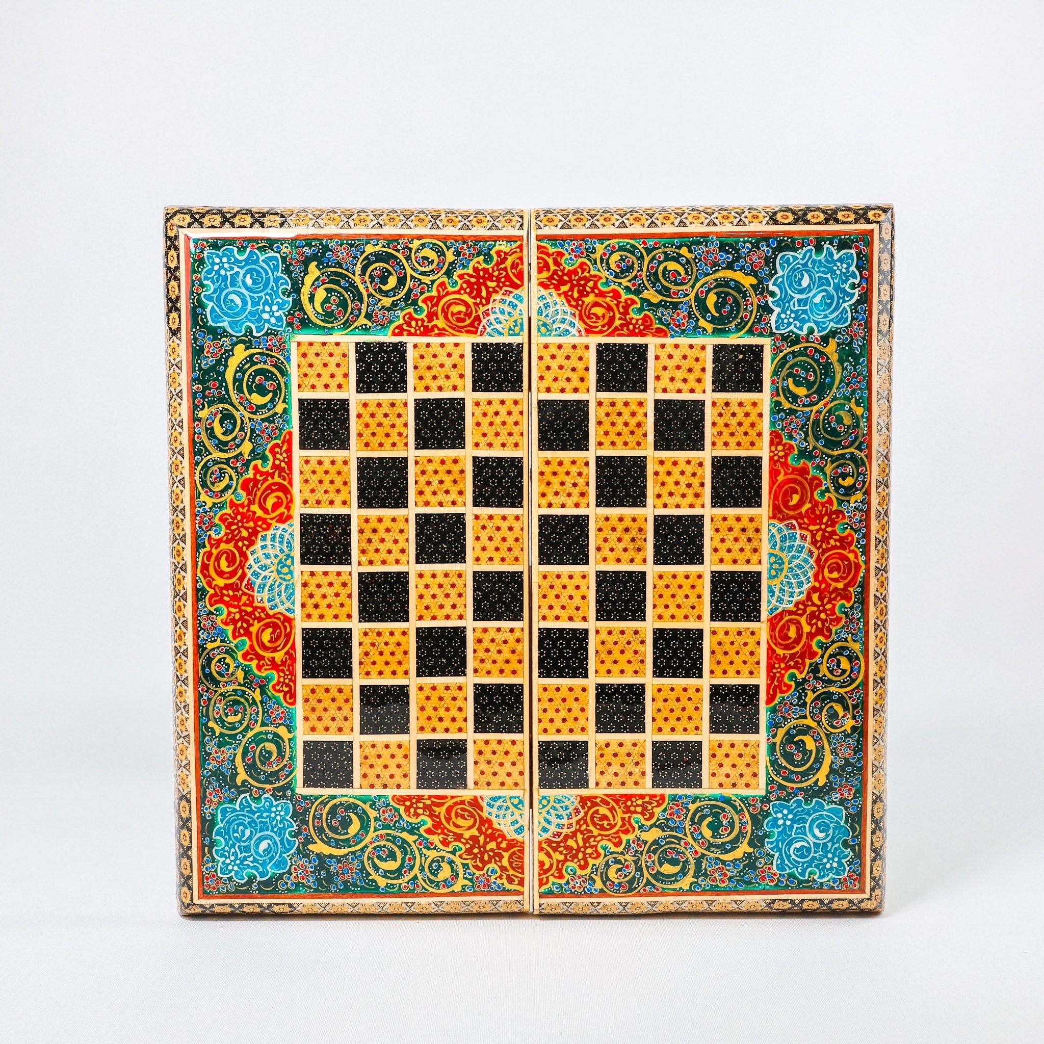 Backgammon & Chess Board – Size 40 – Full Khatam with Column Frame – Tazhib Miniature Painting - 14 - Meraas Gallery