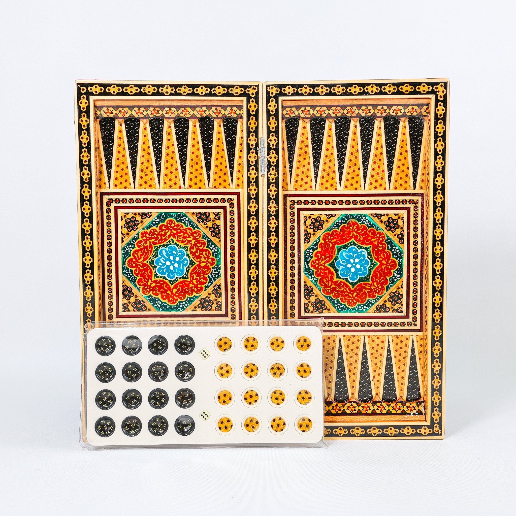 Backgammon & Chess Board – Size 40 – Full Khatam with Column Frame – Tazhib Miniature Painting - 14 - Meraas Gallery