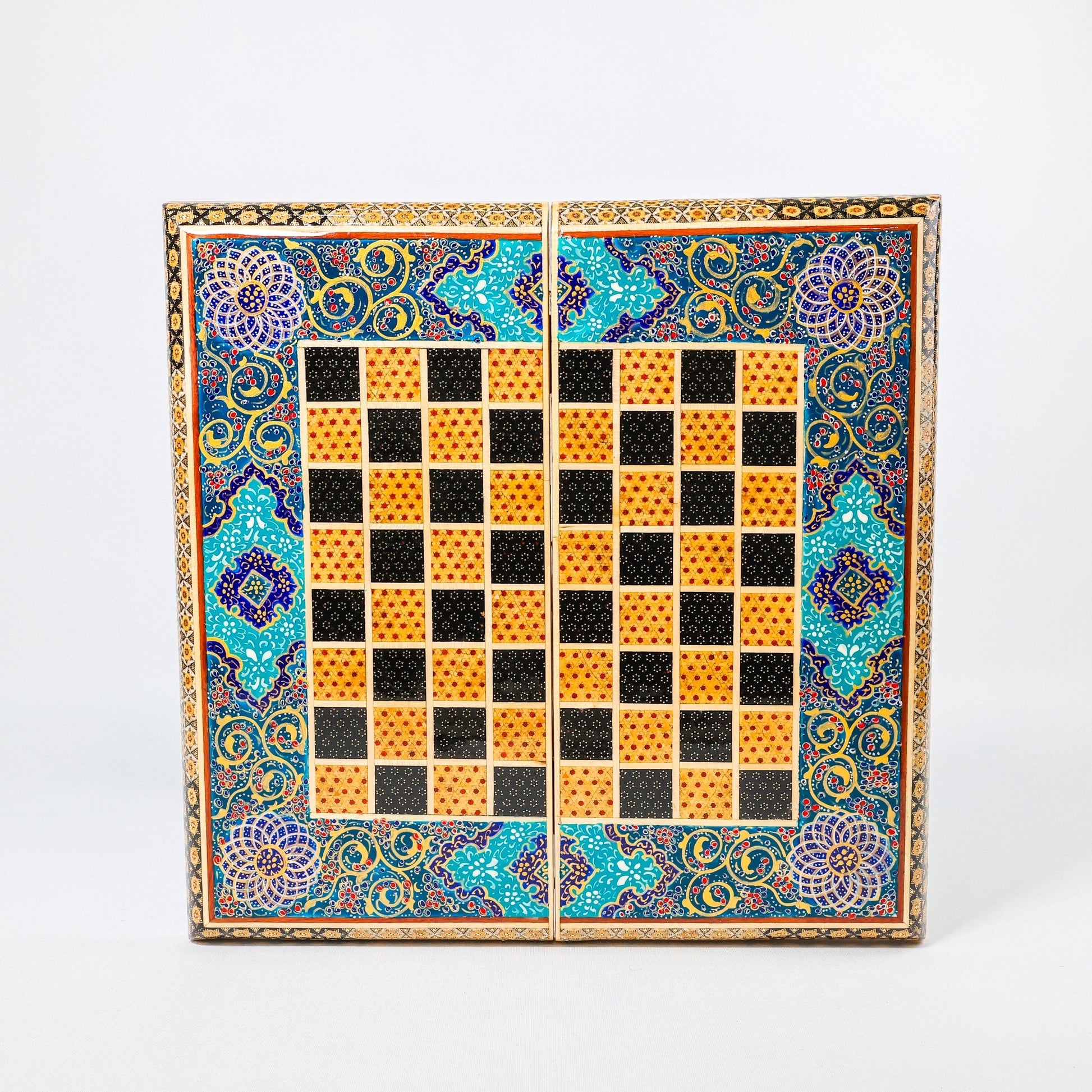 Backgammon & Chess Board – Size 40 – Full Khatam with Column Frame – Tazhib Miniature Painting - 15 - Meraas Gallery