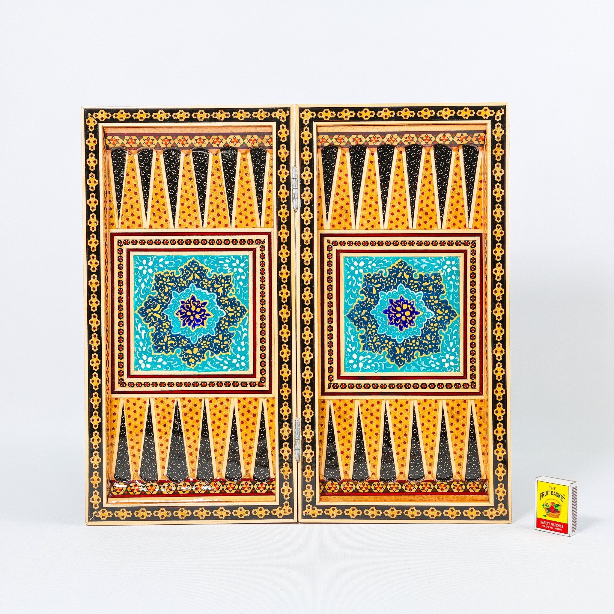 Backgammon & Chess Board – Size 40 – Full Khatam with Column Frame – Tazhib Miniature Painting - 15 - Meraas Gallery