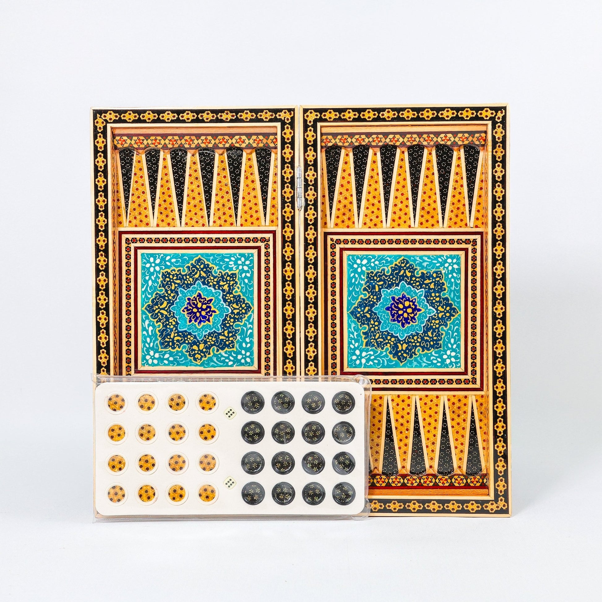 Backgammon & Chess Board – Size 40 – Full Khatam with Column Frame – Tazhib Miniature Painting - 15 - Meraas Gallery