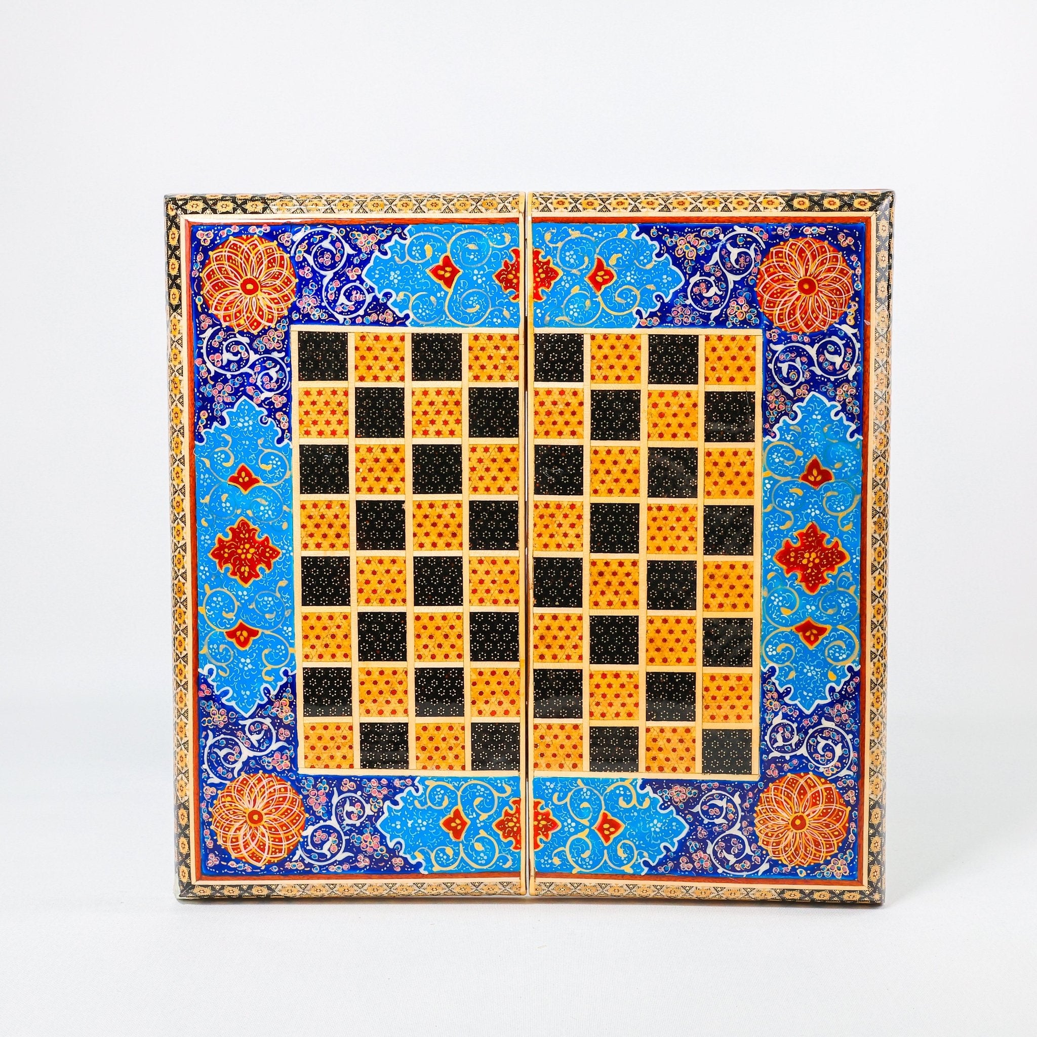 Backgammon & Chess Board – Size 40 – Full Khatam with Column Frame – Tazhib Miniature Painting - 16 - Meraas Gallery