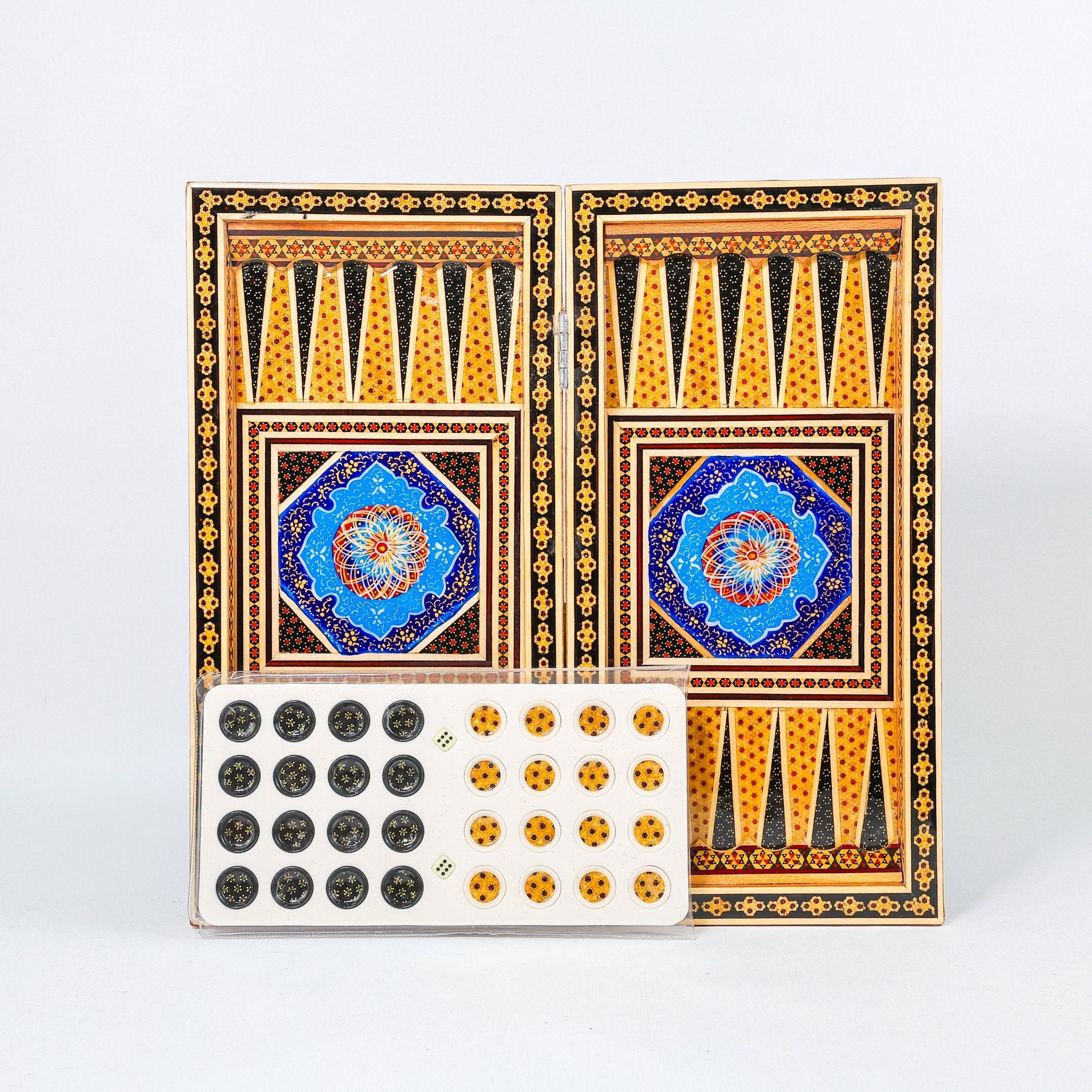 Backgammon & Chess Board – Size 40 – Full Khatam with Column Frame – Tazhib Miniature Painting - 16 - Meraas Gallery
